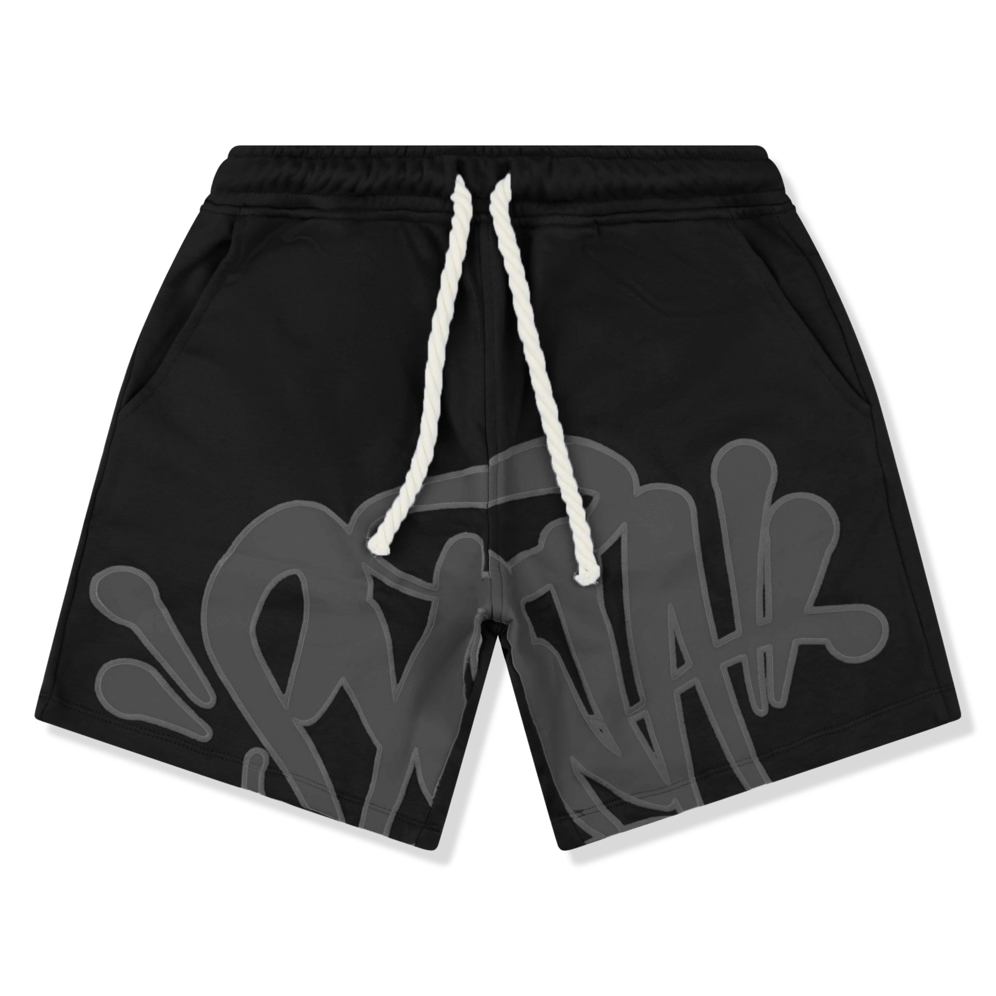Front view of syna world logo black t-shirt & shorts syna-sht-blk
