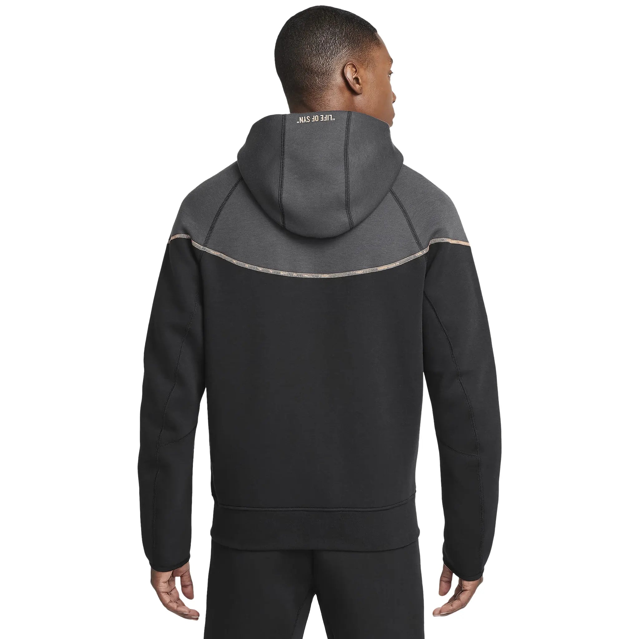 Model back view of Syna World x Nike Central Cee Tech Fleece Black Hoodie HQ3748-010