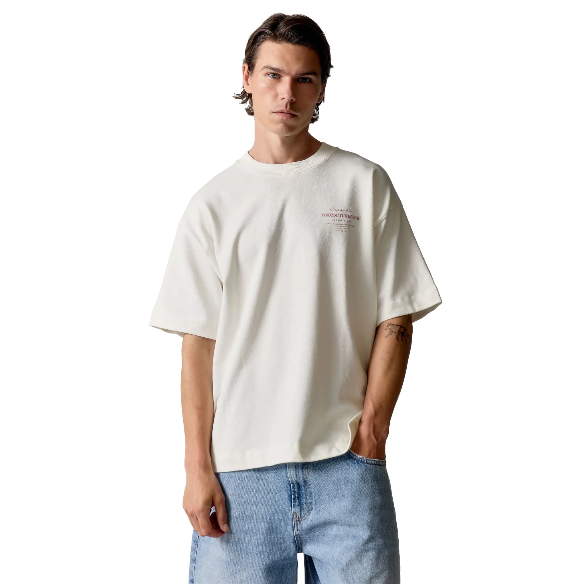 Model Front View of The Couture Club Beach Club Graphic Off White Pink T-Shirt