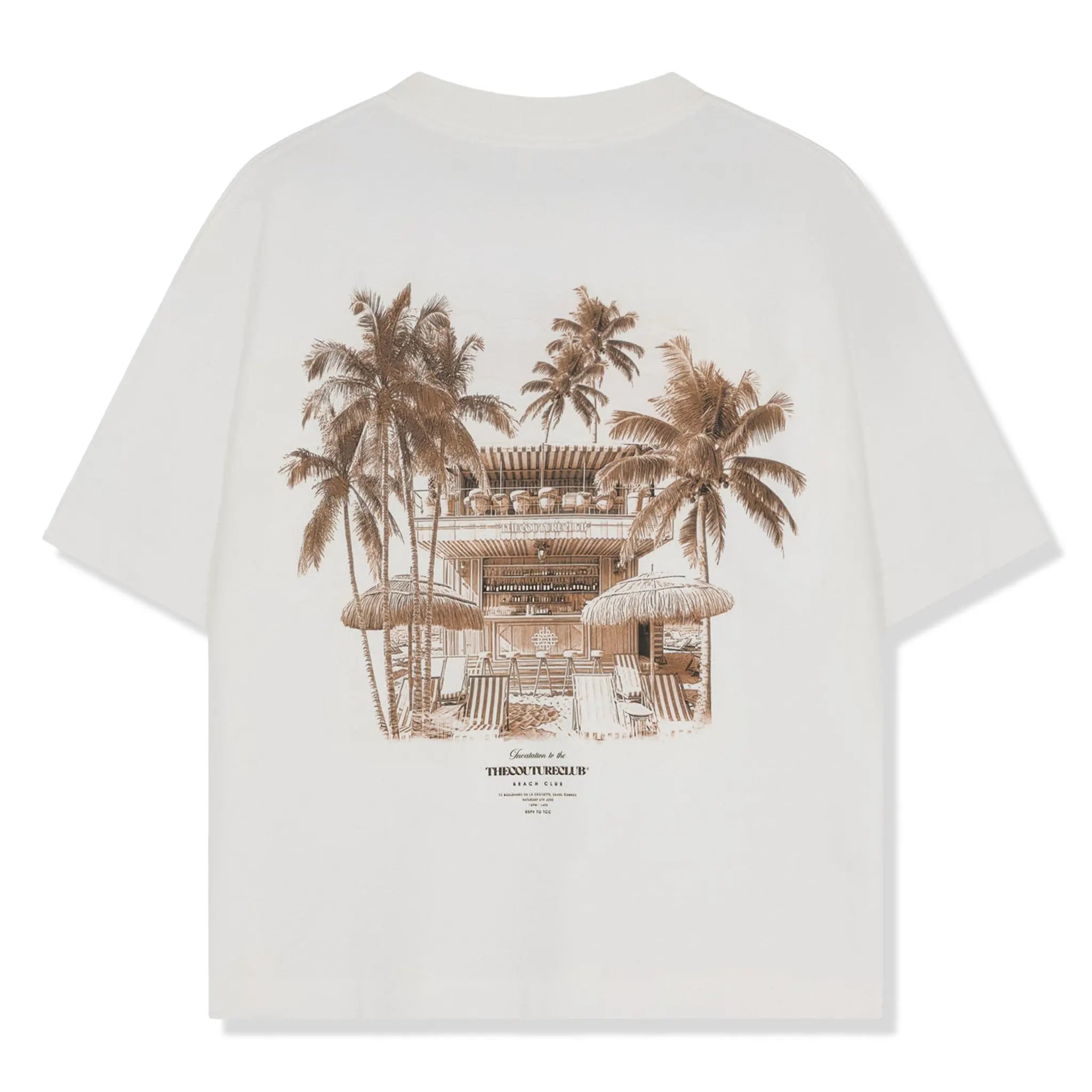 Back View of The Couture Club Beach Club Graphic Off White T-Shirt