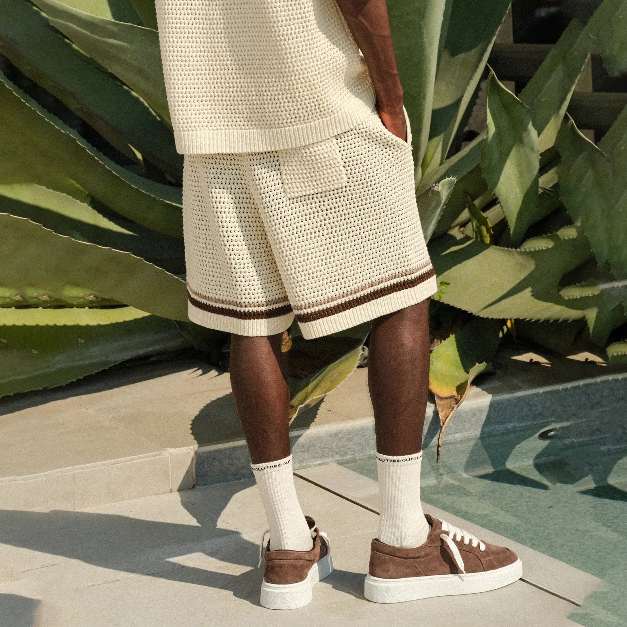 Back View of The Couture Club Crochet Knitted Stripe Off White Shorts