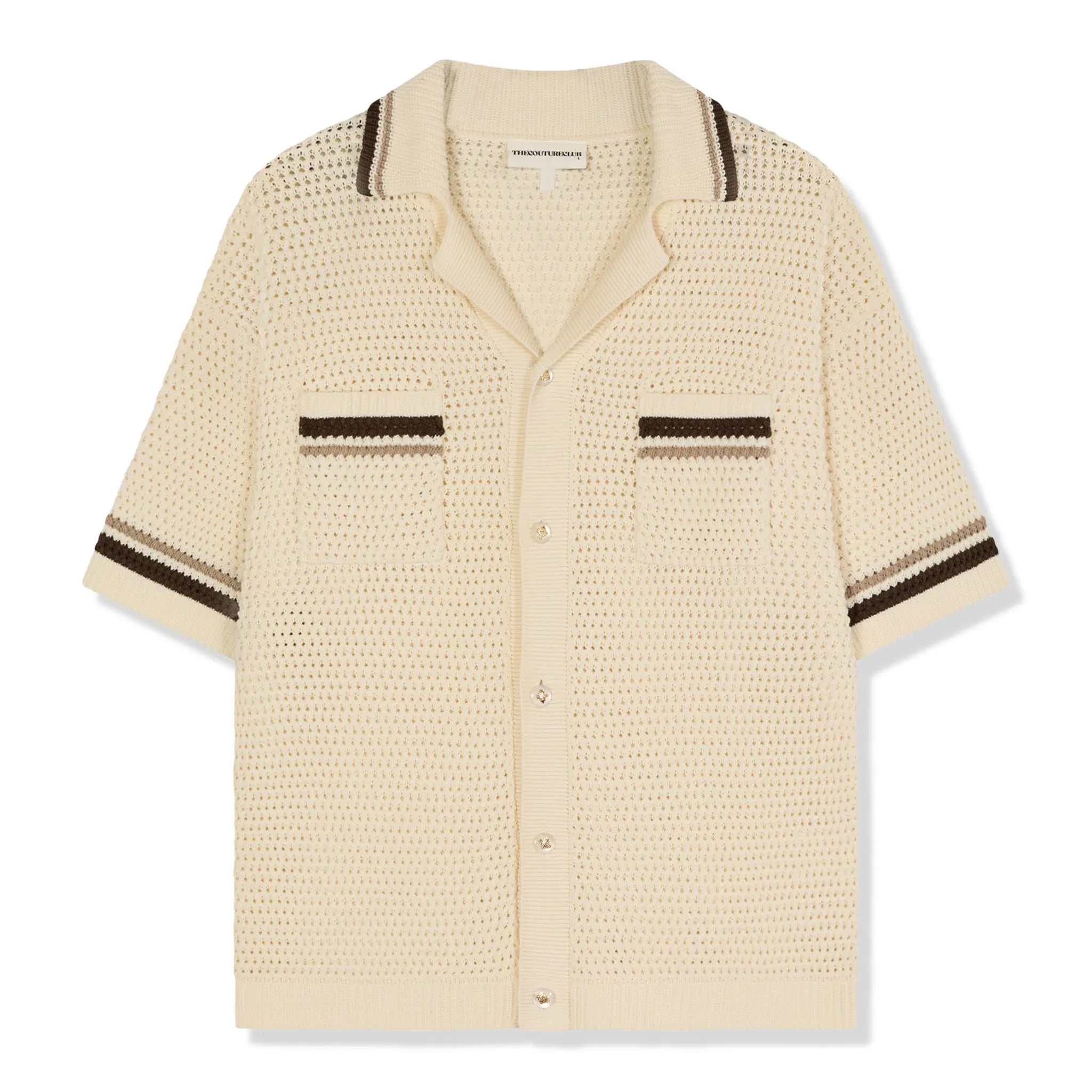 Front View of The Couture Club Crochet Knitted Stripe Through Botton Off White Shirt