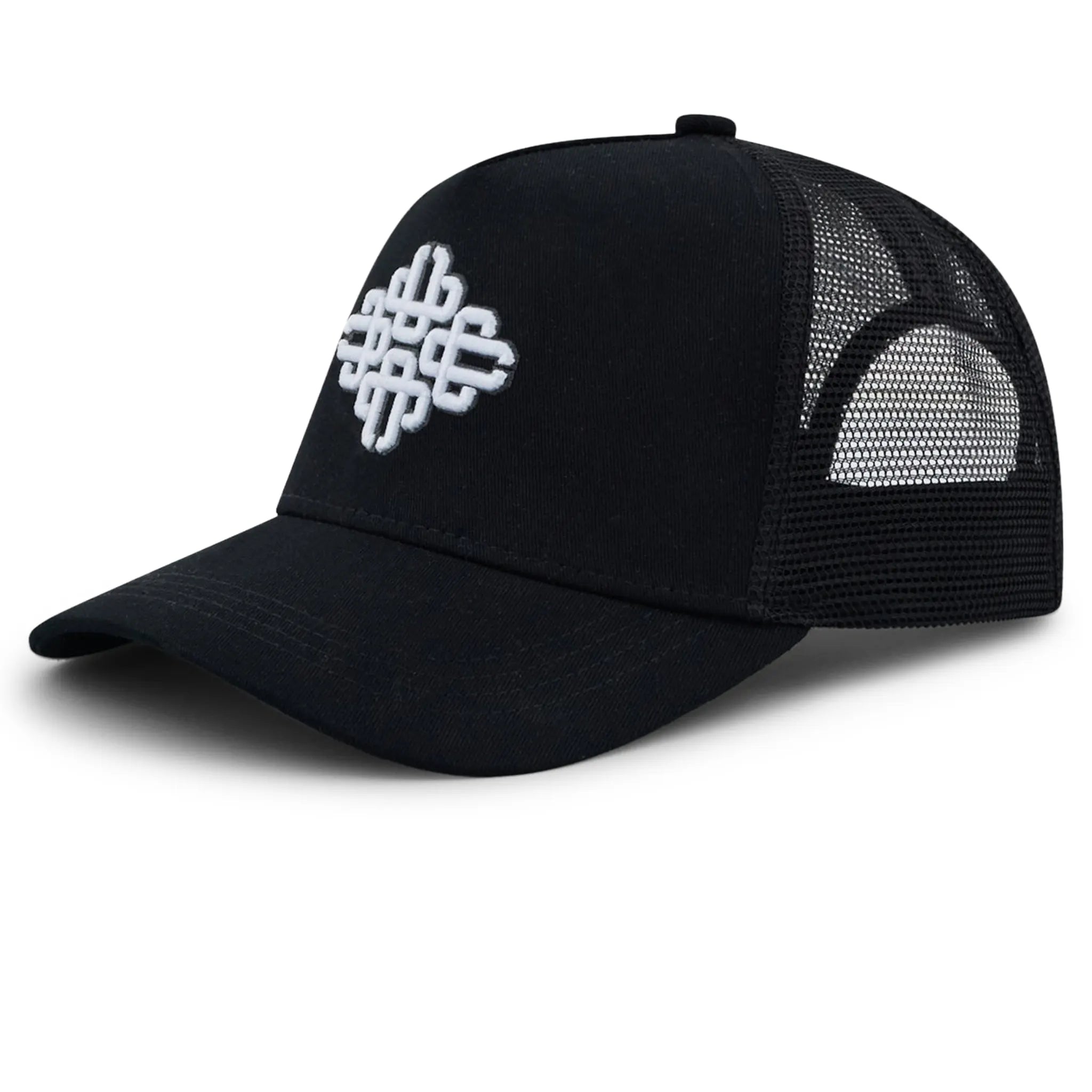 Front Side View of The Couture Club Emblem Embroidered Mesh Black Cap