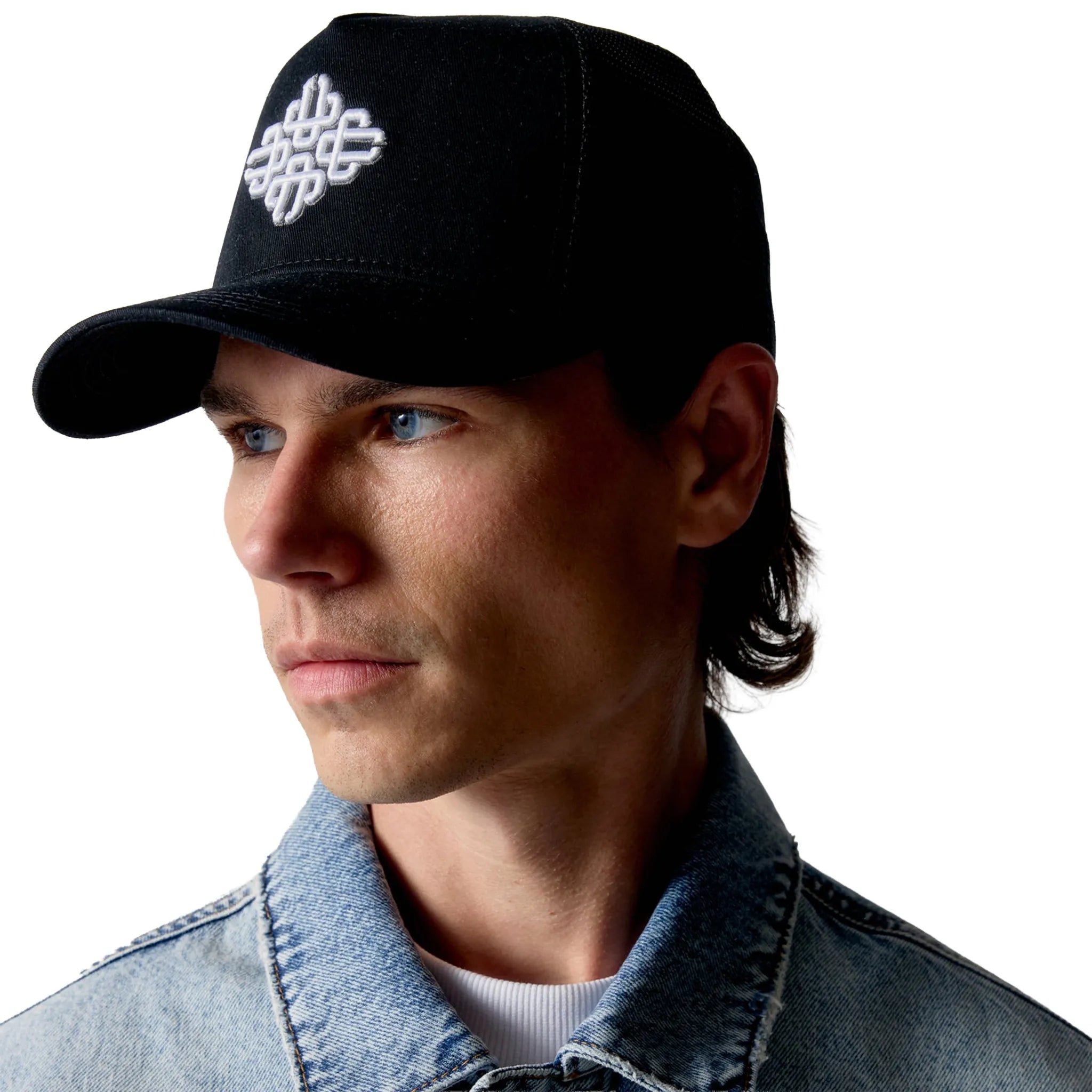 Front Side View of The Couture Club Emblem Embroidered Mesh Black Cap
