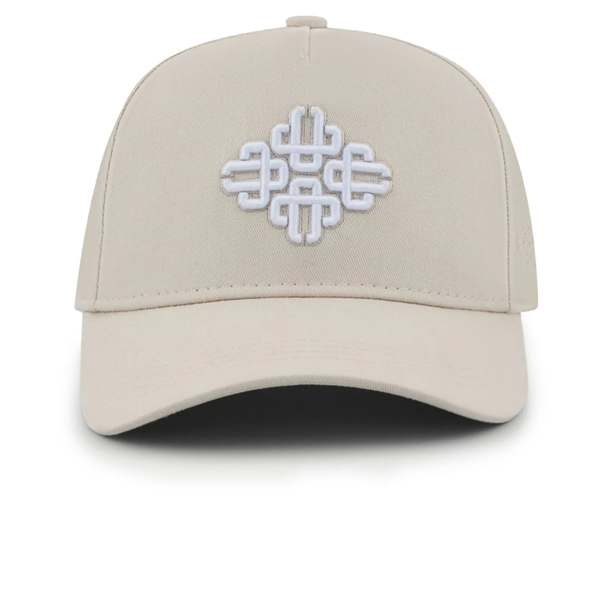 Front View of The Couture Club Emblem Embroidery Beige Cap