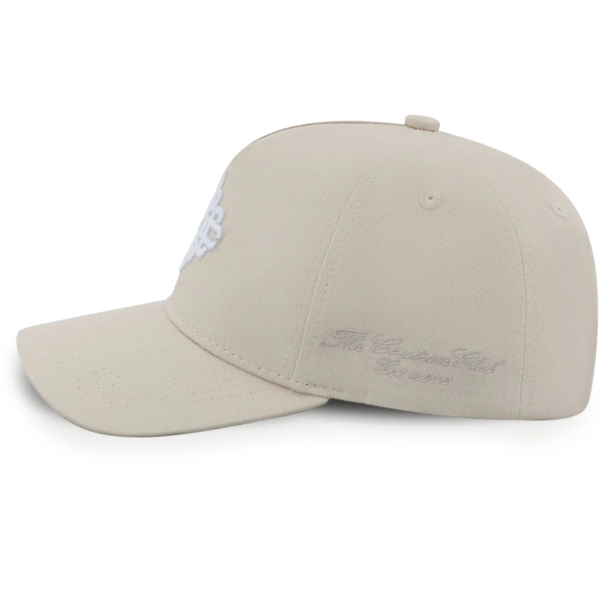 Side View of The Couture Club Emblem Embroidery Beige Cap