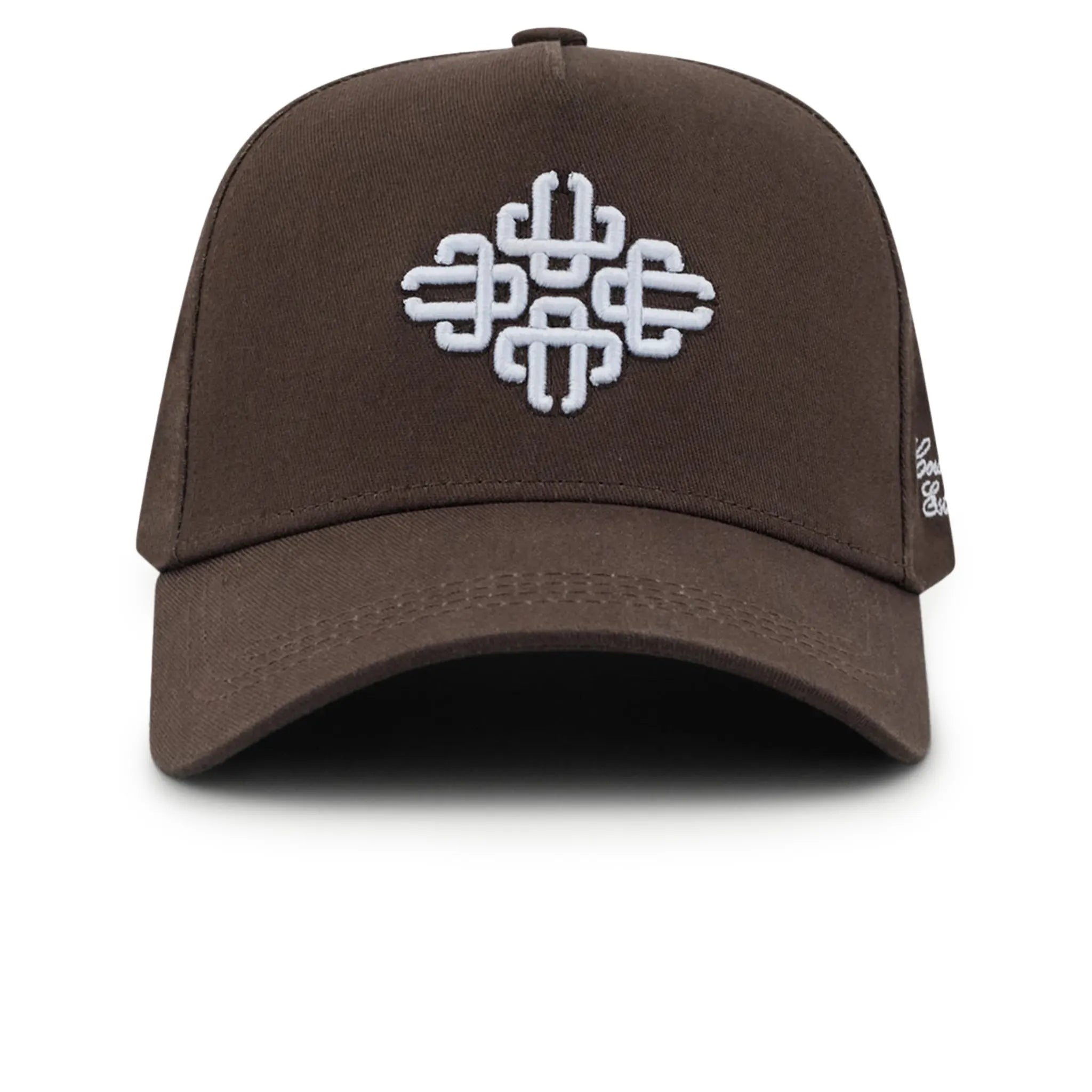 Front View of The Couture Club Emblem Embroidery Brown Cap