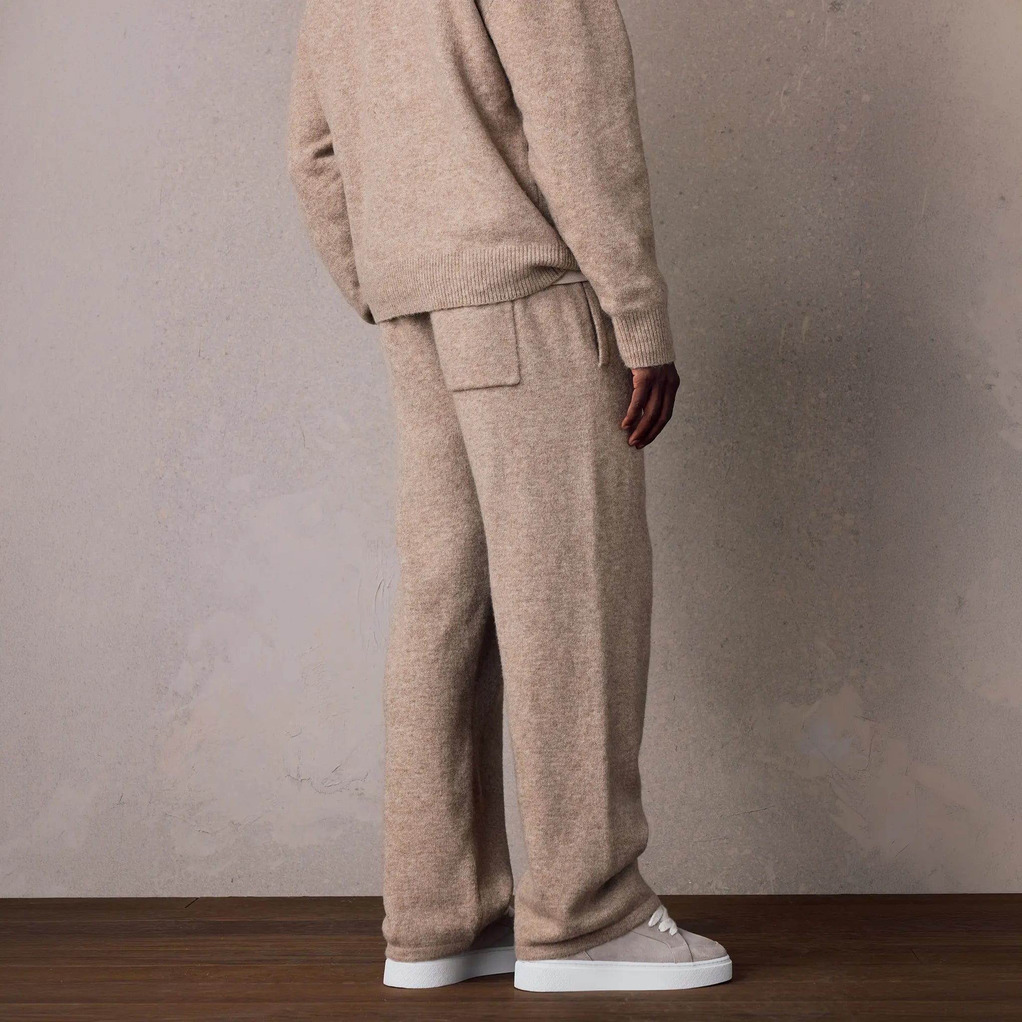 Back View of The Couture Club Emblem Fluffy Knit Beige Sweatpants