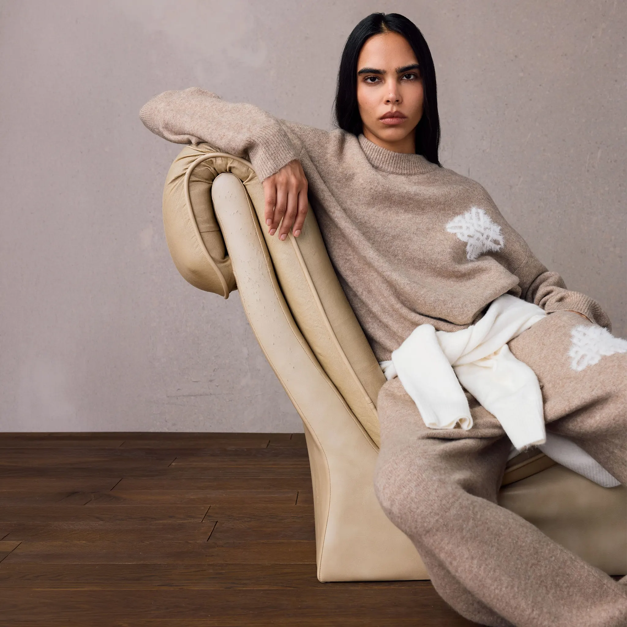 Front View of The Couture Club Emblem Fluffy Knit Beige Sweatshirt
