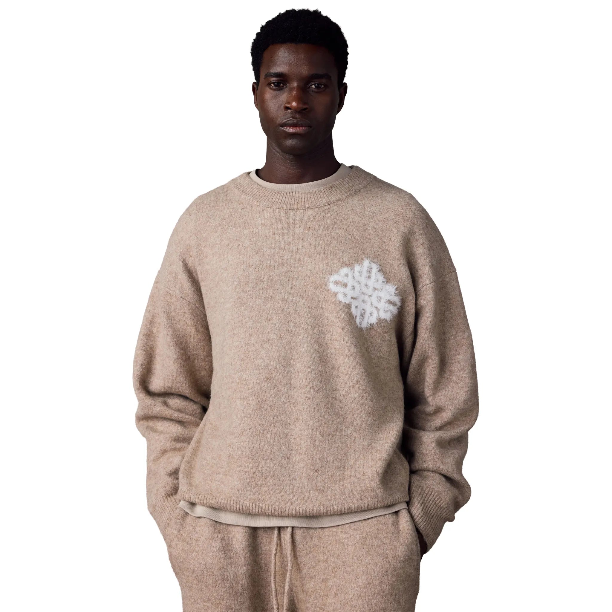 Model View of The Couture Club Emblem Fluffy Knit Beige Sweatshirt