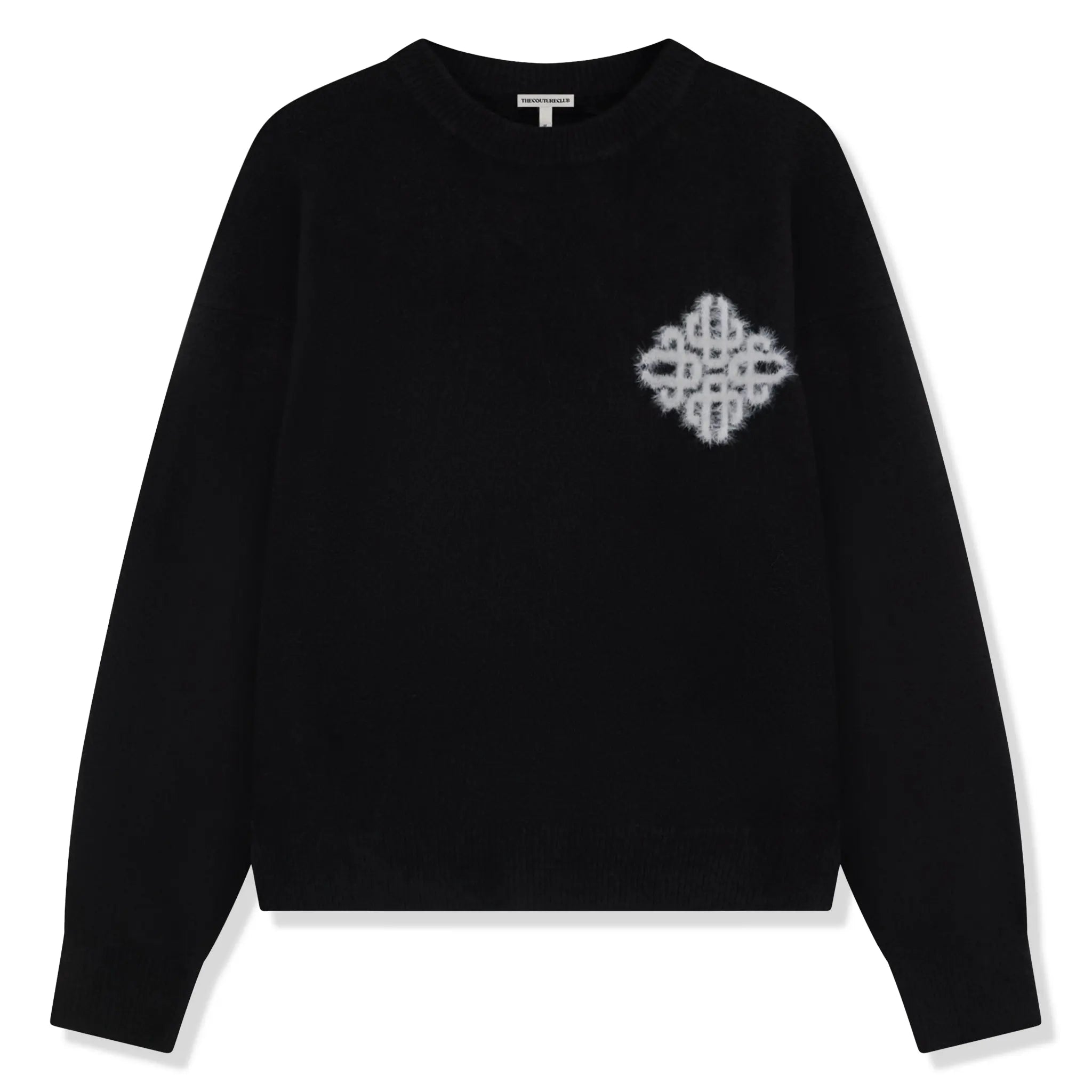Front View of The Couture Club Emblem Fluffy Knit Black Sweatshirt