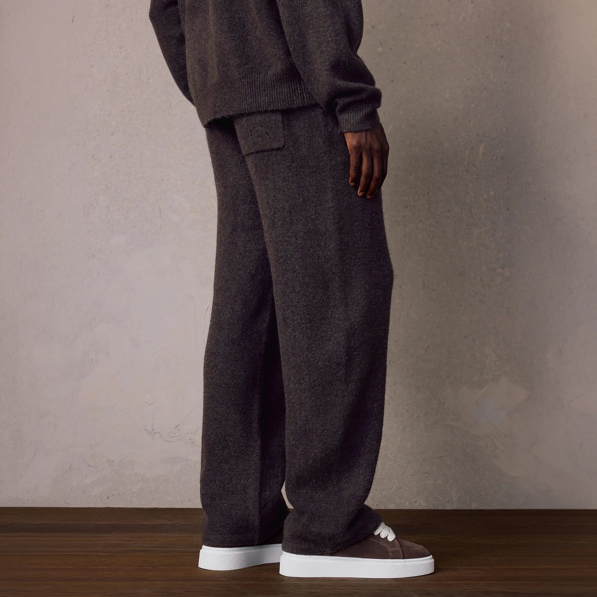 Back View of The Couture Club Emblem Fluffy Knit Brown Sweatpants
