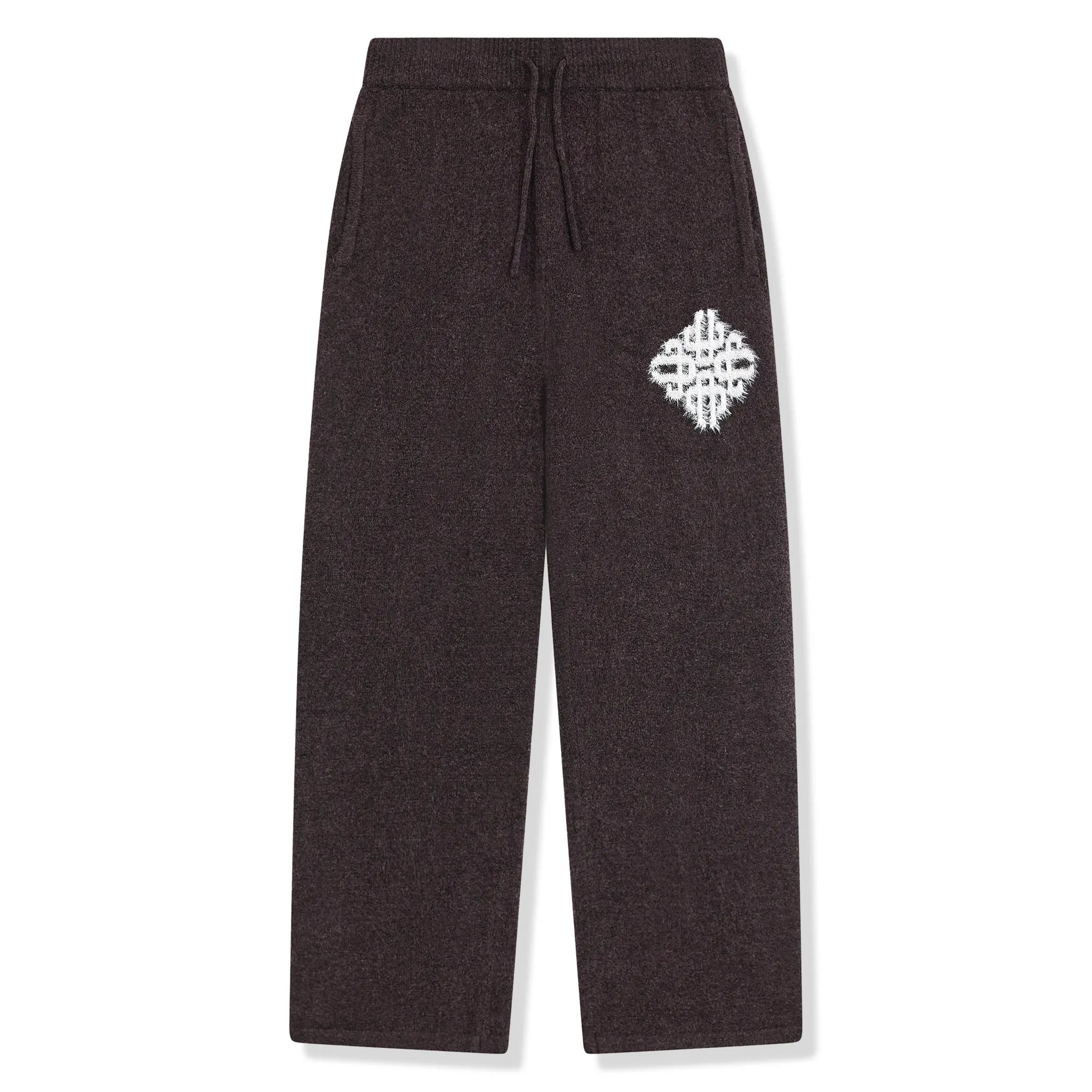 Front View of The Couture Club Emblem Fluffy Knit Brown Sweatpants