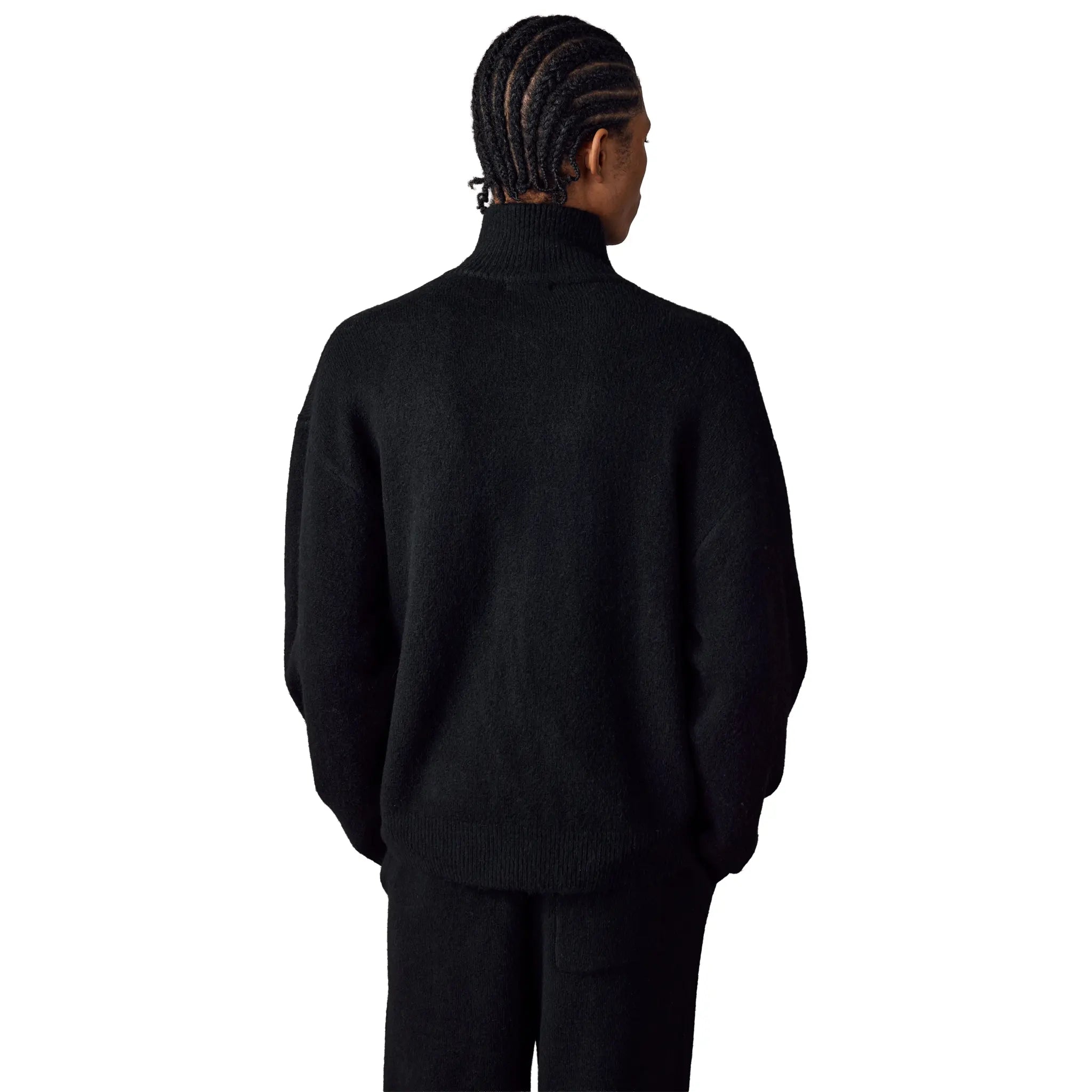 Detailed Back View of The Couture Club Fluffy Knit Black Neck Funnel Sweatshirt