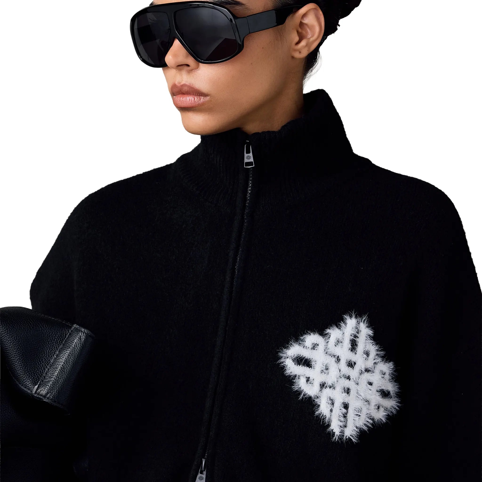 Detailed Neck View of The Couture Club Fluffy Knit Black Neck Funnel Sweatshirt