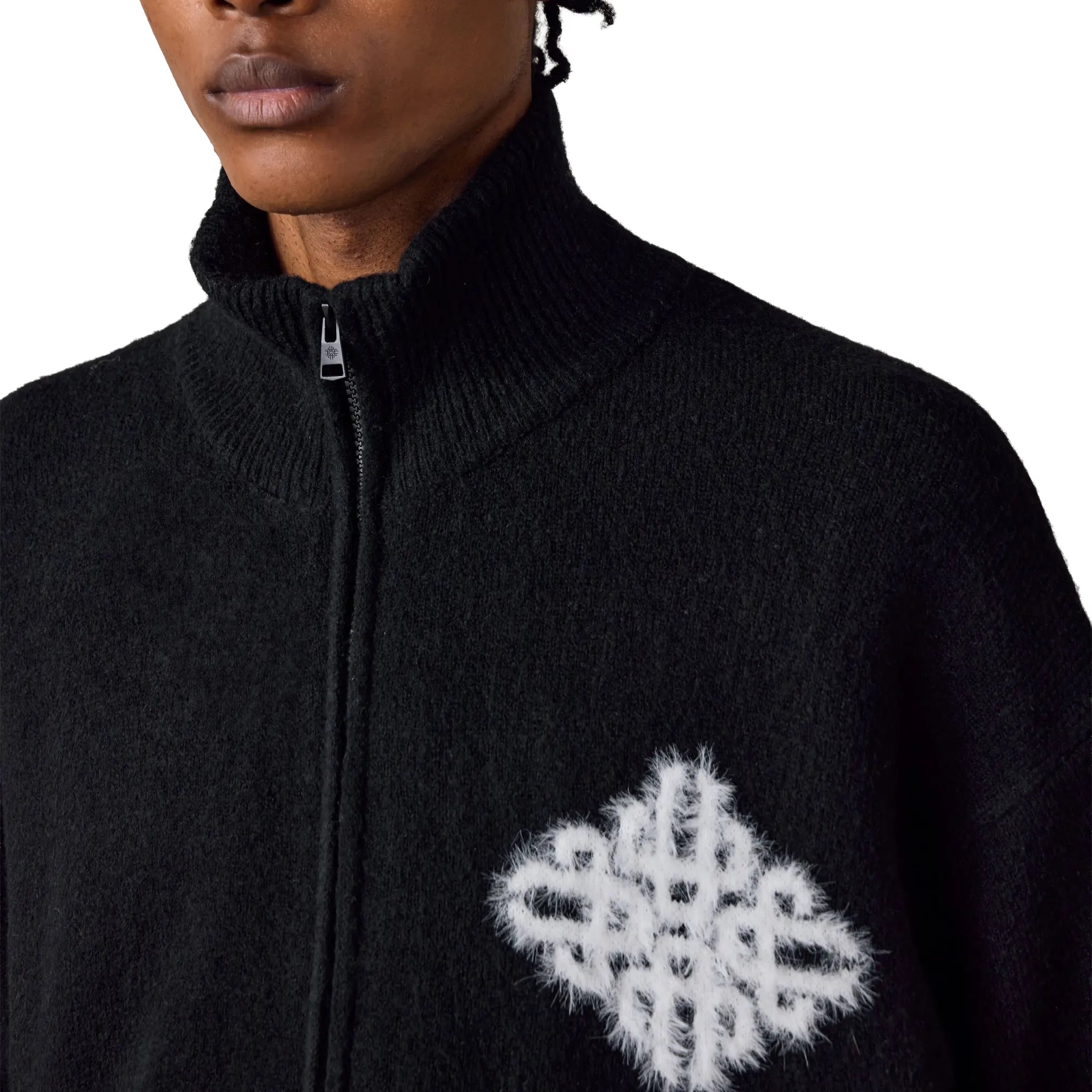 Detailed Neck View of The Couture Club Fluffy Knit Black Neck Funnel Sweatshirt