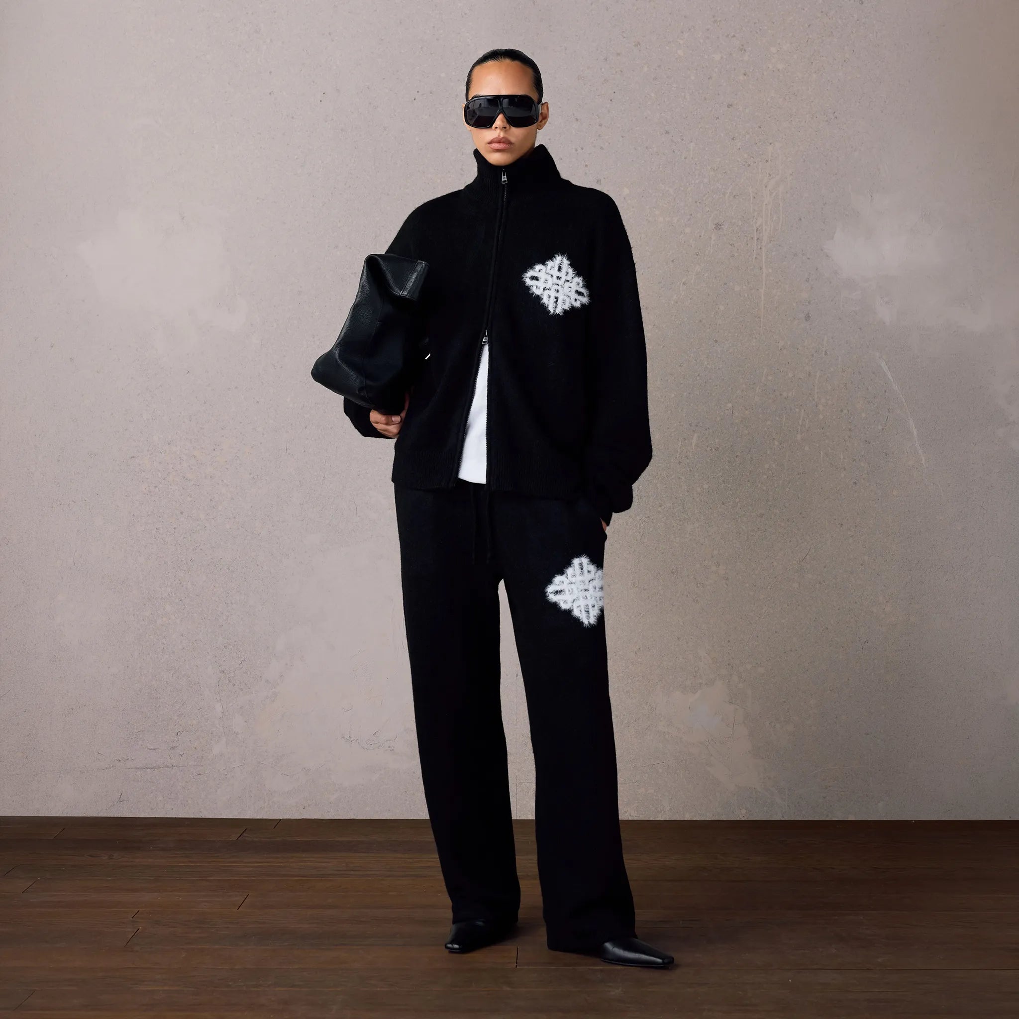 Model View of The Couture Club Fluffy Knit Black Neck Funnel Sweatshirt