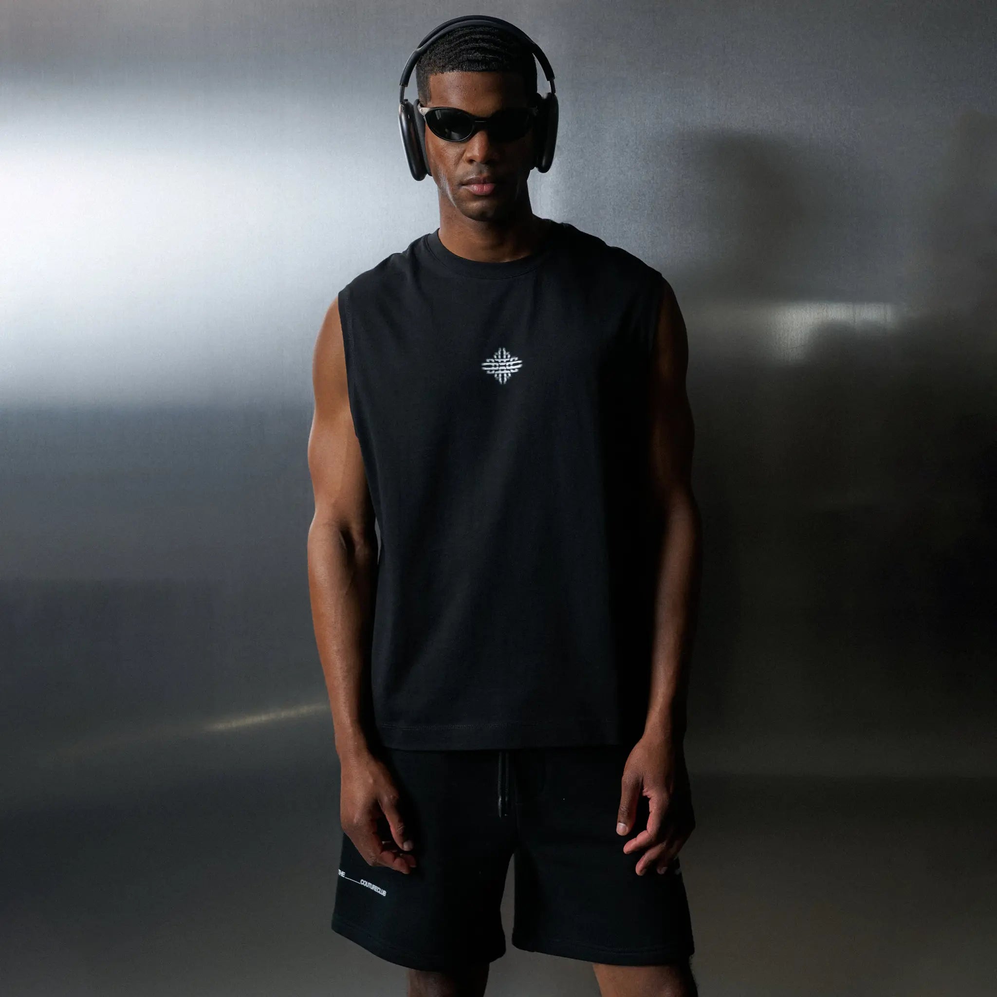 Model View of The Couture Club Luxury In Motion Emblem Black Vest