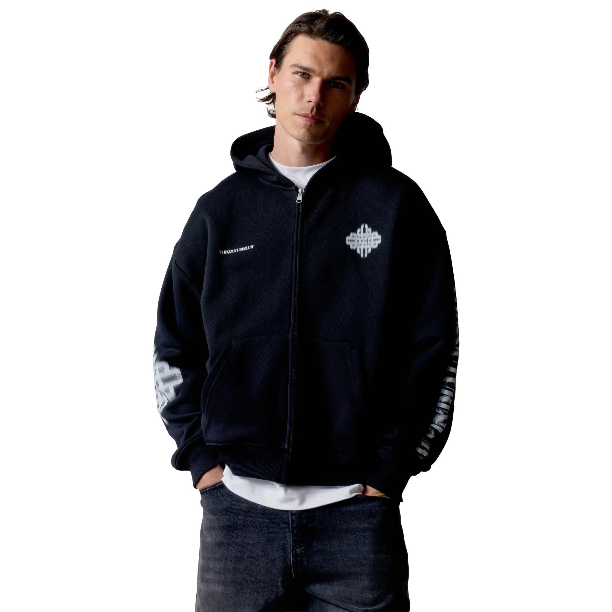 Front View of The Couture Club Motion Blurred Black Zip-Up Hoodie