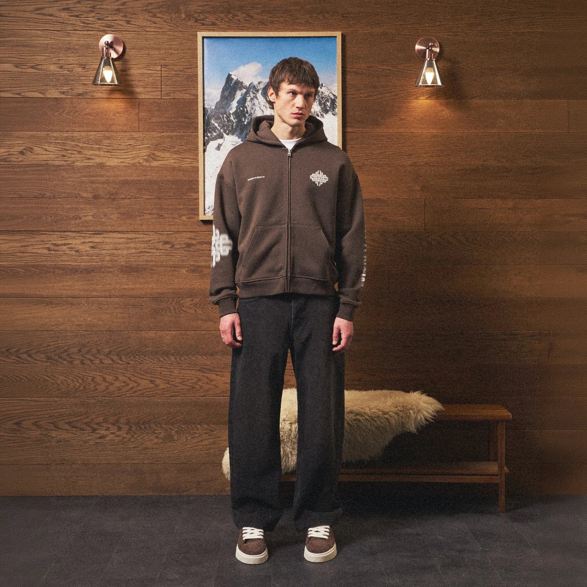 Front View of The Couture Club Motion Blurred Brown Zip-Up Hoodie