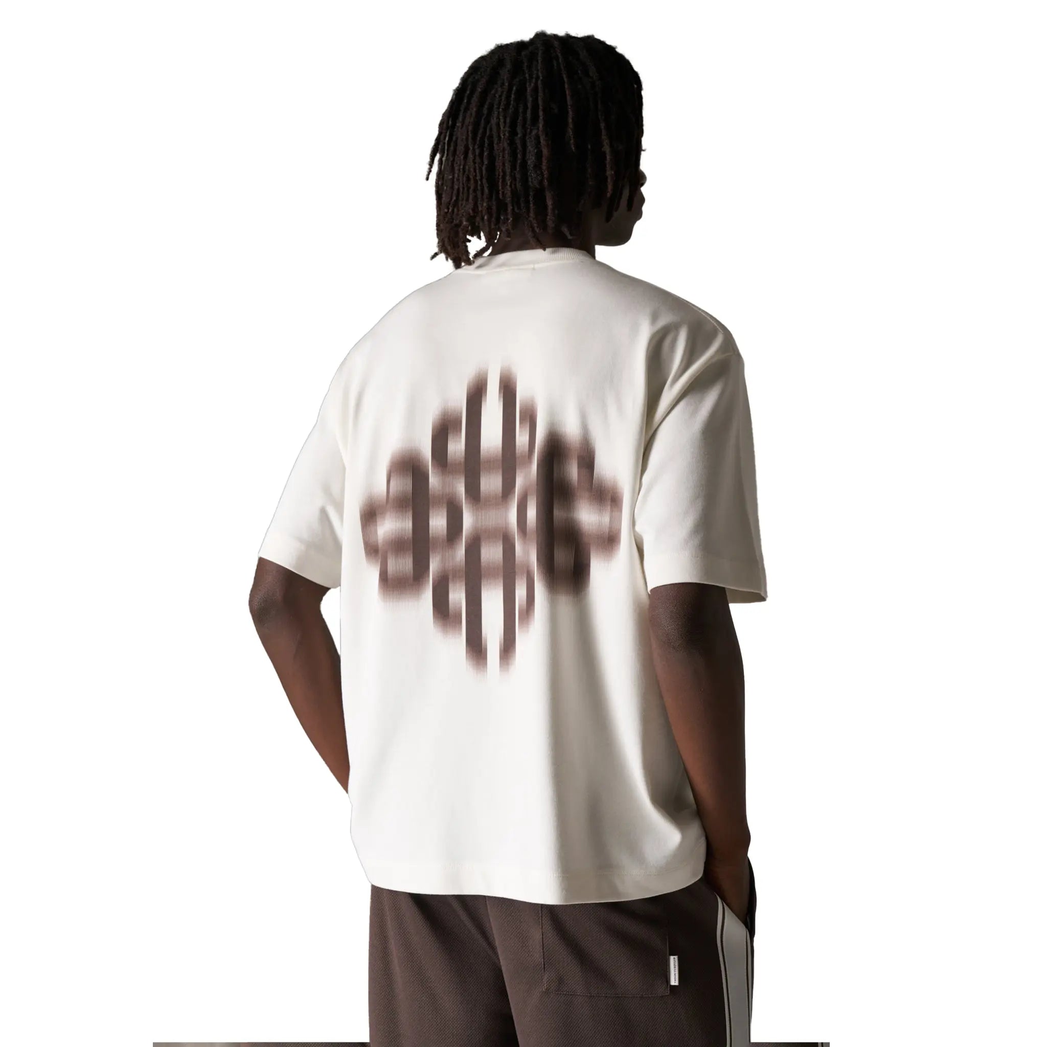 Model Back View of The Couture Club Motion Blurred Emblem Off White T-Shirt