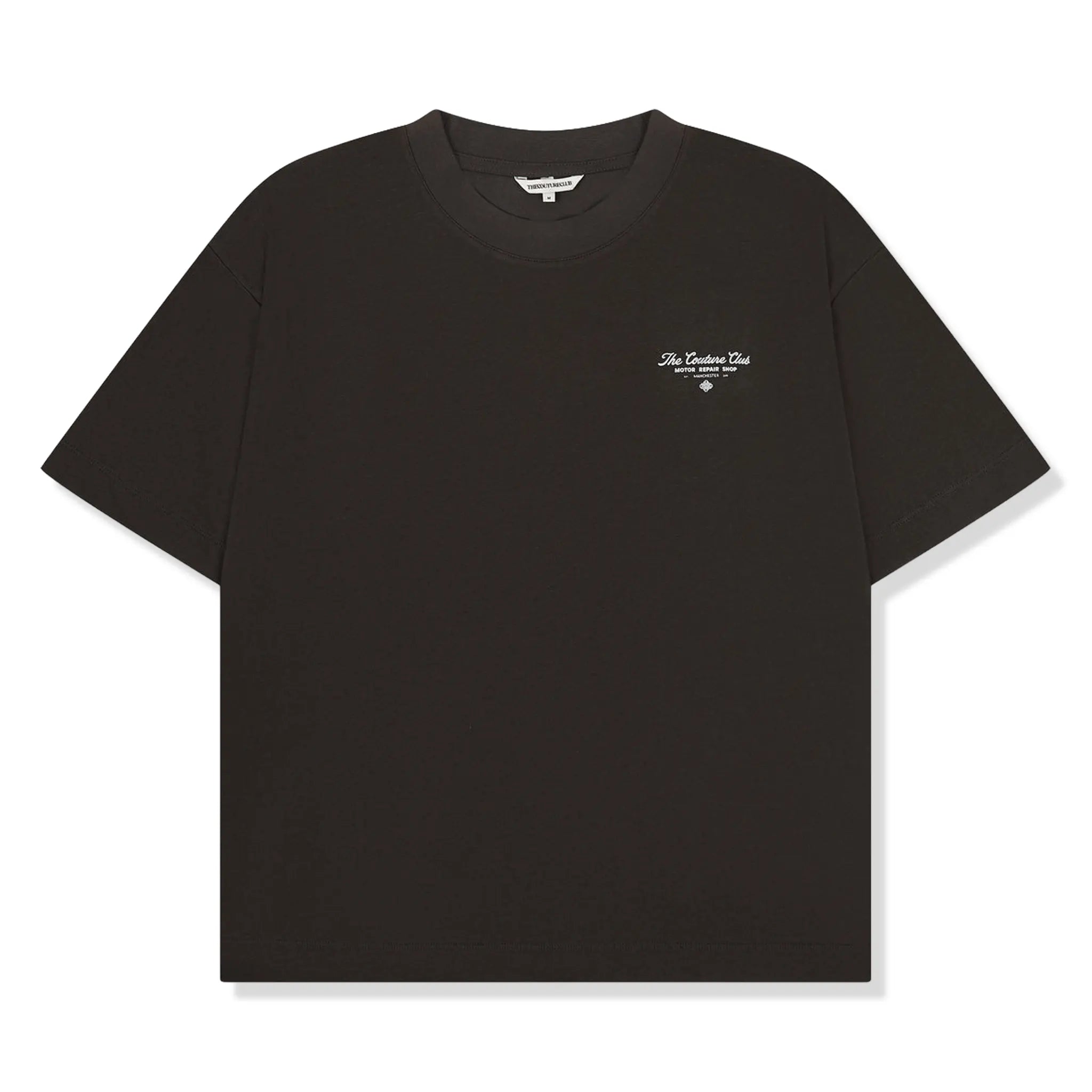 Front View of The Couture Club Motor Repair Shop Graphic Charcoal White T-Shirt