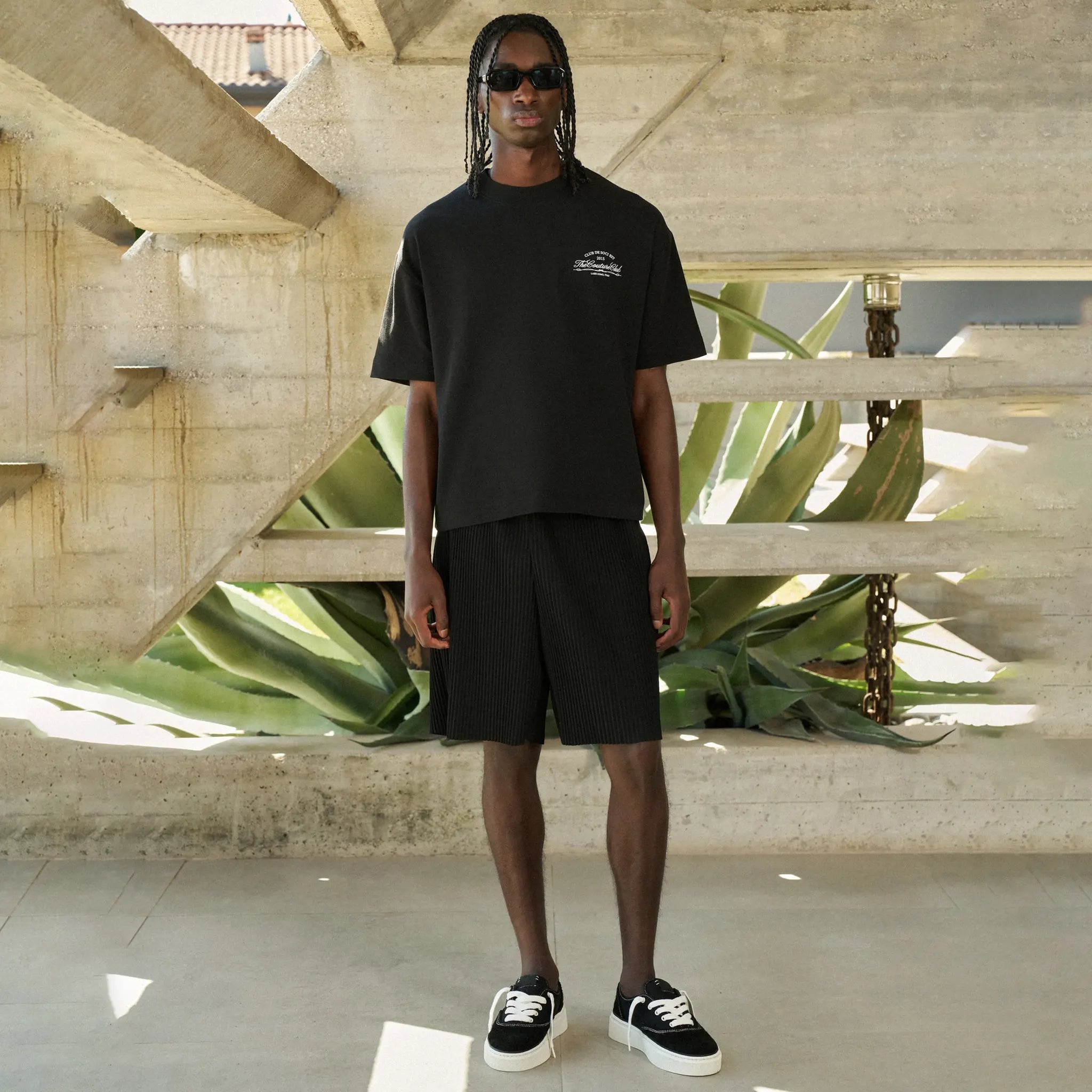 Model View of The Couture Club Plisse Black Shorts