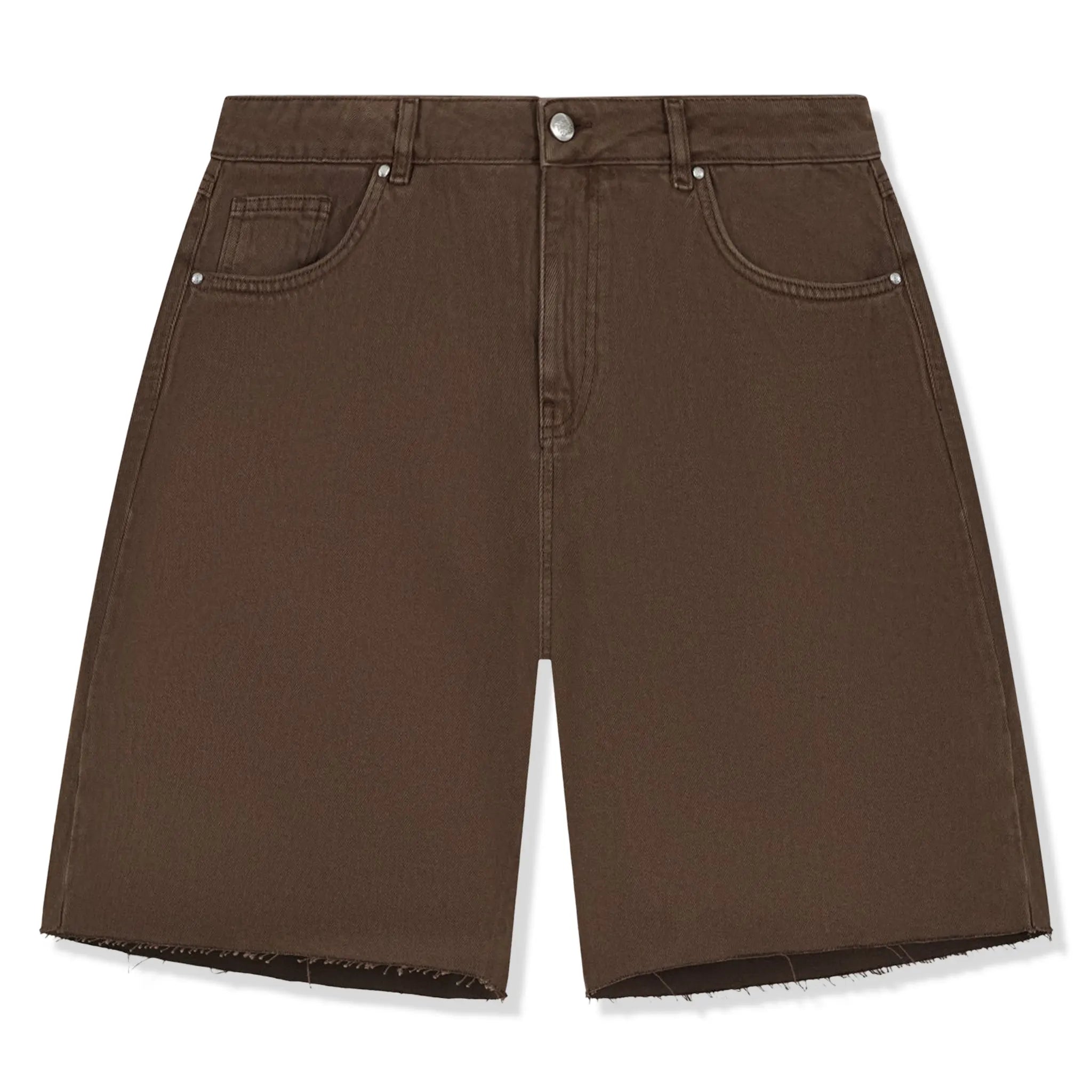 Front View of The Couture Club Raw Edge Brown Denim Shorts