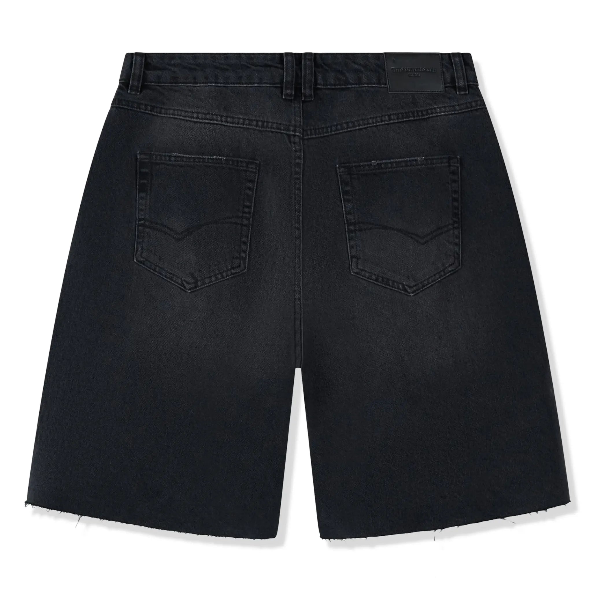 Back View of The Couture Club Raw Edge Washed Black Denim Shorts