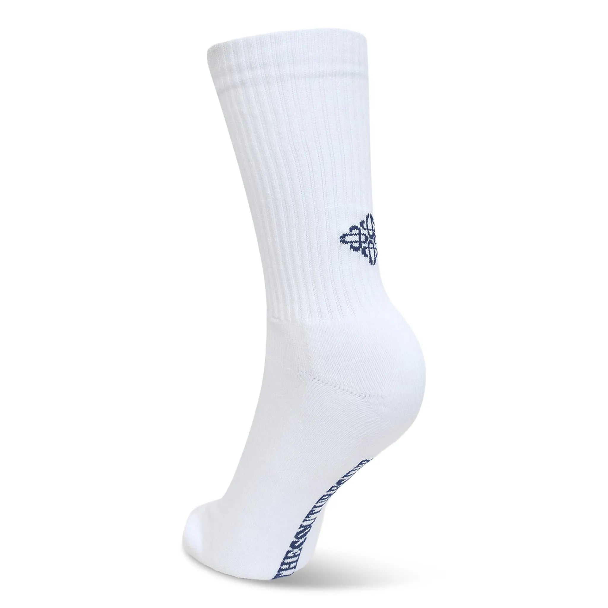 Back View of The Couture Club Reverse Emblem Copyright White Navy Socks