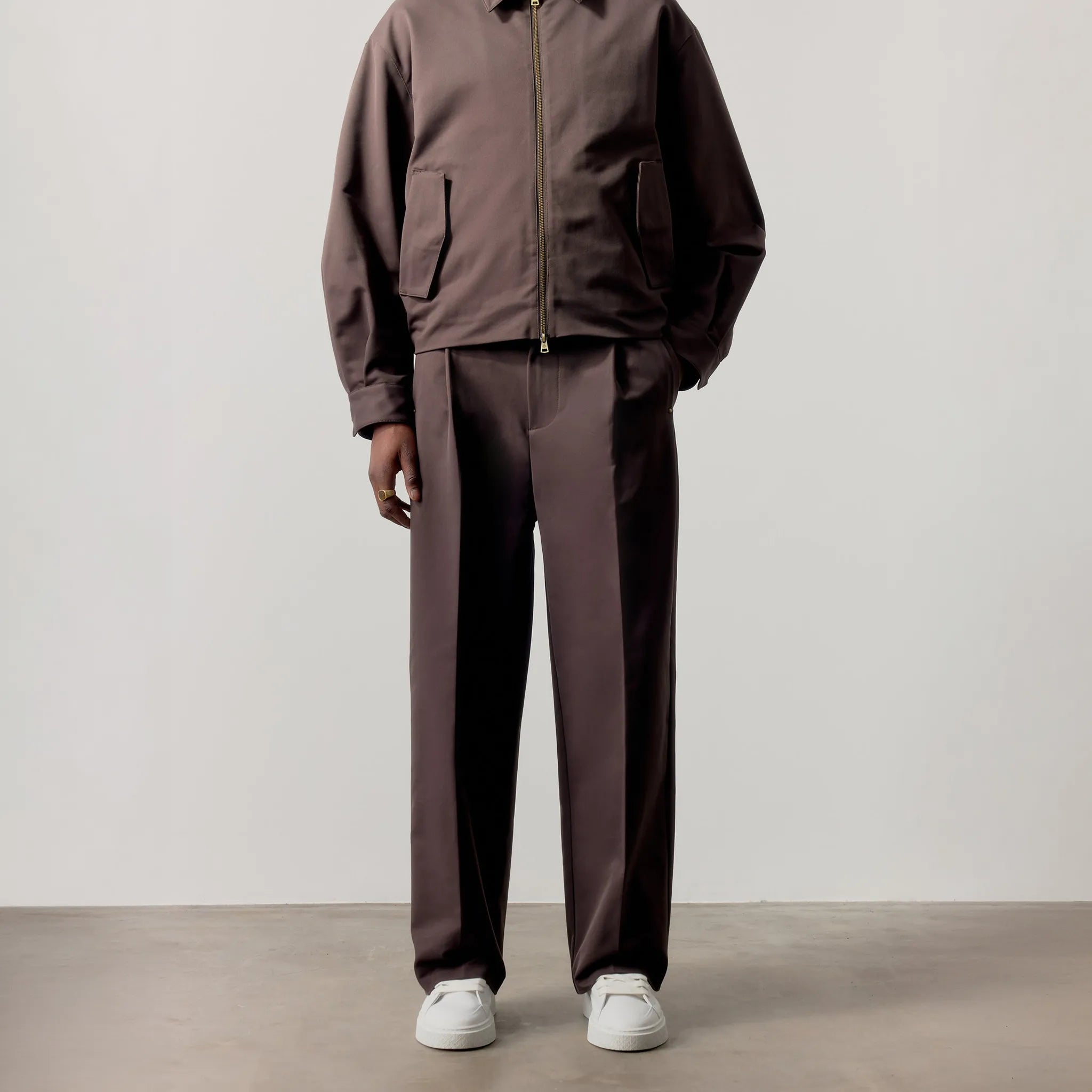 Model Front View of The Couture Club Rivet Detail Brown Trousers