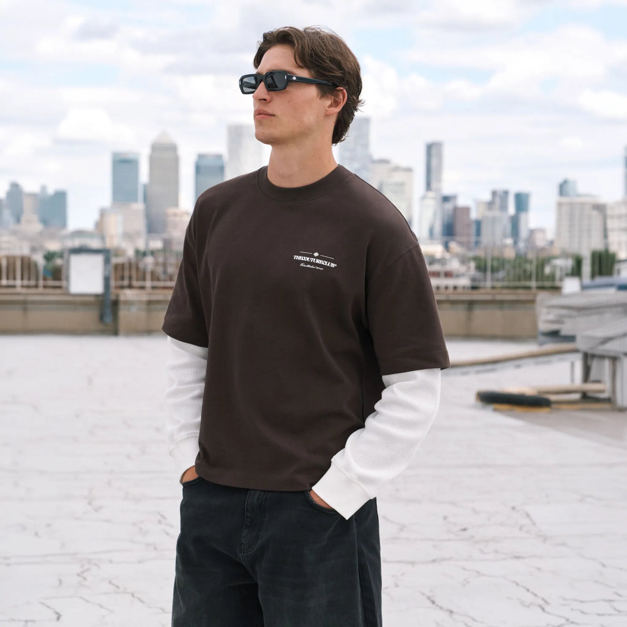Front View of The Couture Club Waffle Double Layer Graphic L/S Brown T-Shirt