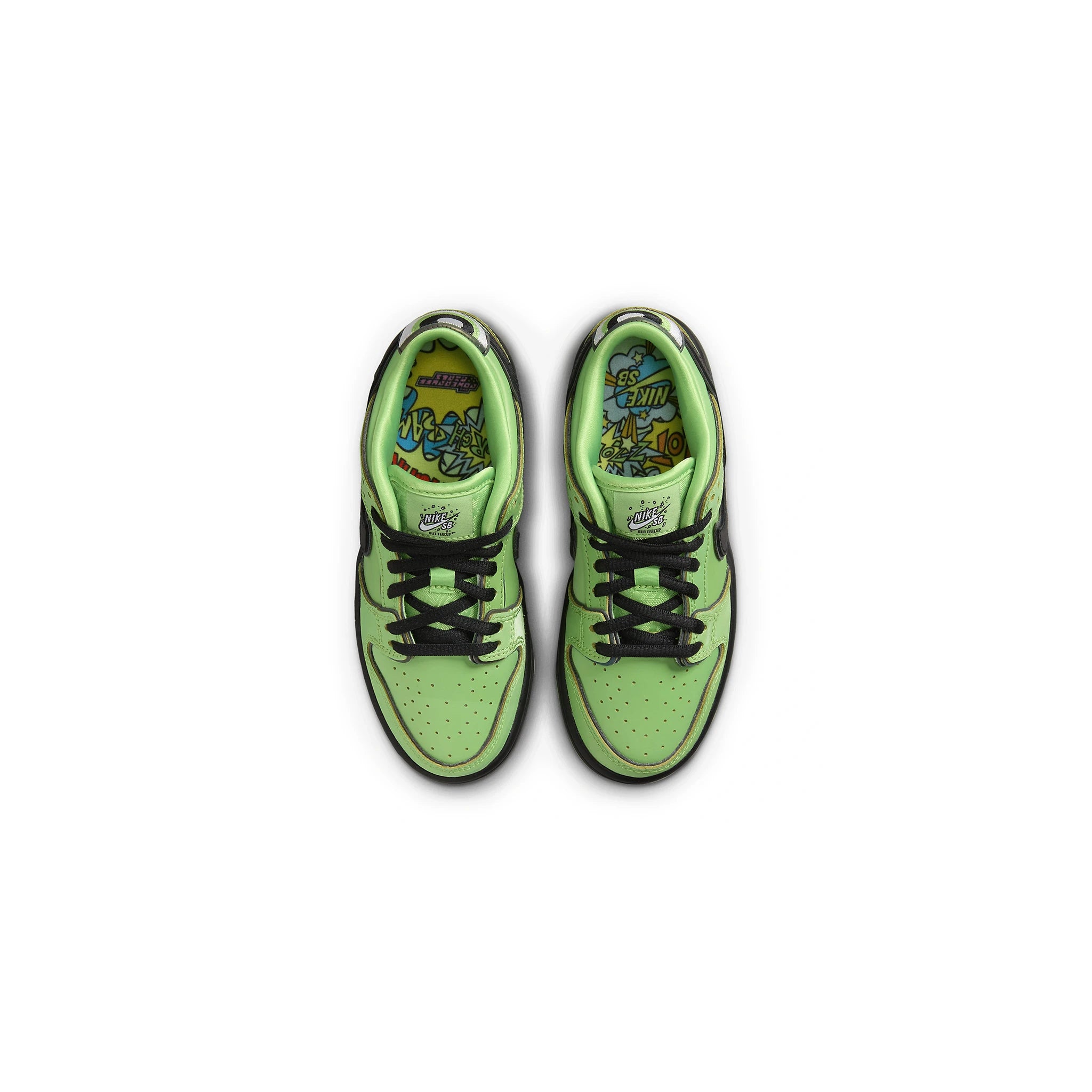 Top down view of The Powerpuff Girls x Nike SB Dunk Low Buttercup (PS)