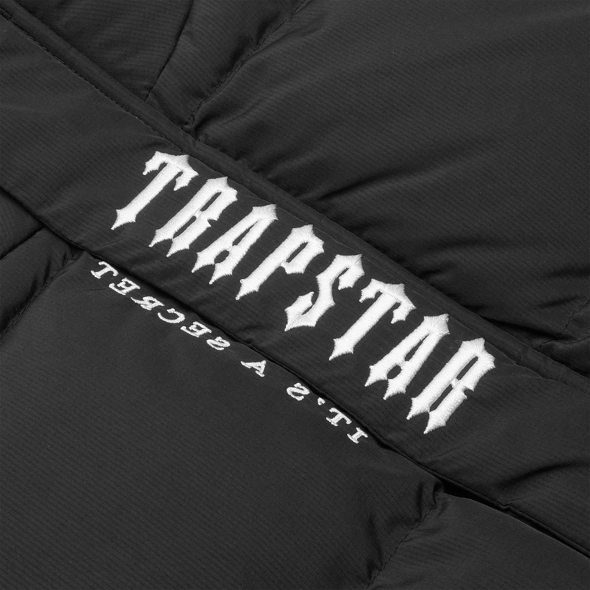 Front logo view of Trapstar Decoded Black White Gilet