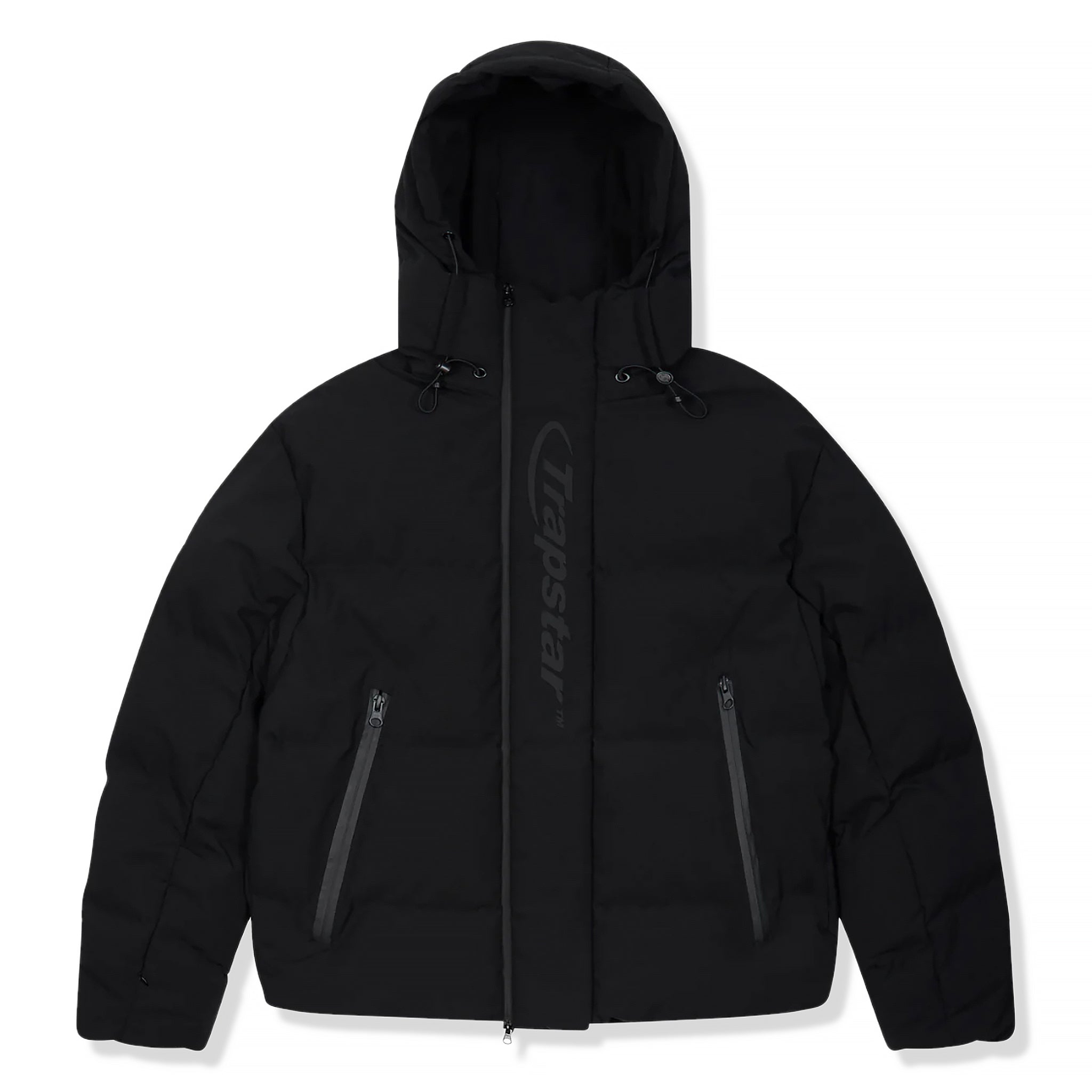 Front view of Trapstar Hyperdrive Technical Hooded Blackout Edition Puffer Nike Jacket