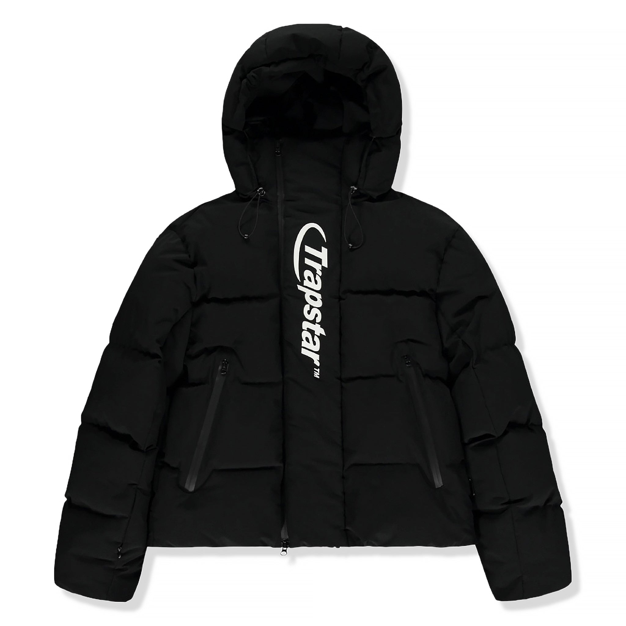 Front view of Trapstar Hyperdrive Technical Hooded Puffer Nike Jacket Black 