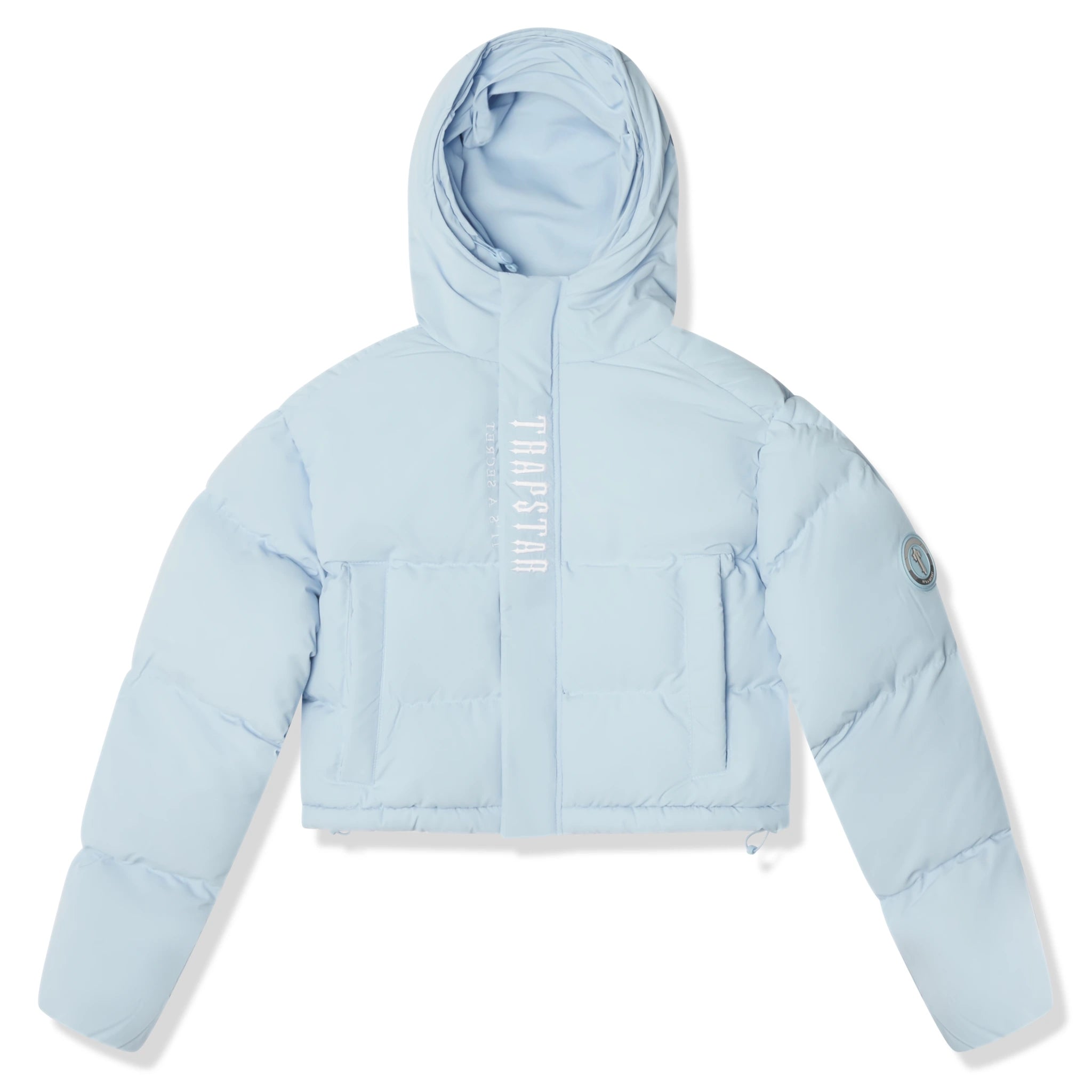 Front view of Trapstar Womens Decoded 2.0 Ice Blue Puffer Nike Jacket