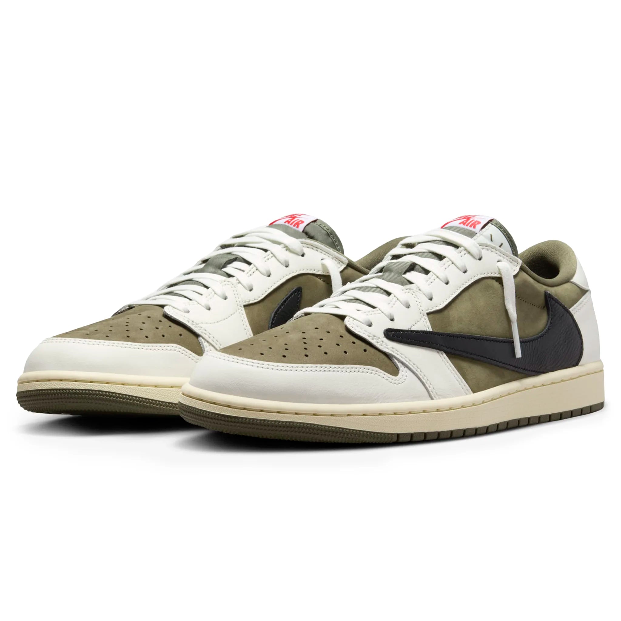 Front side view of Travis Scott x Air Jordan 1 Low OG Medium Olive DM7866-200