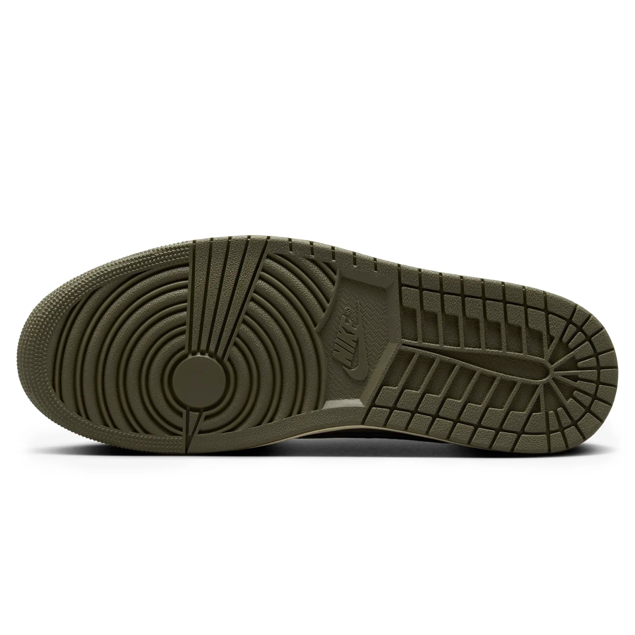 Sole view of Travis Scott x Air Jordan 1 Low OG Medium Olive DM7866-200