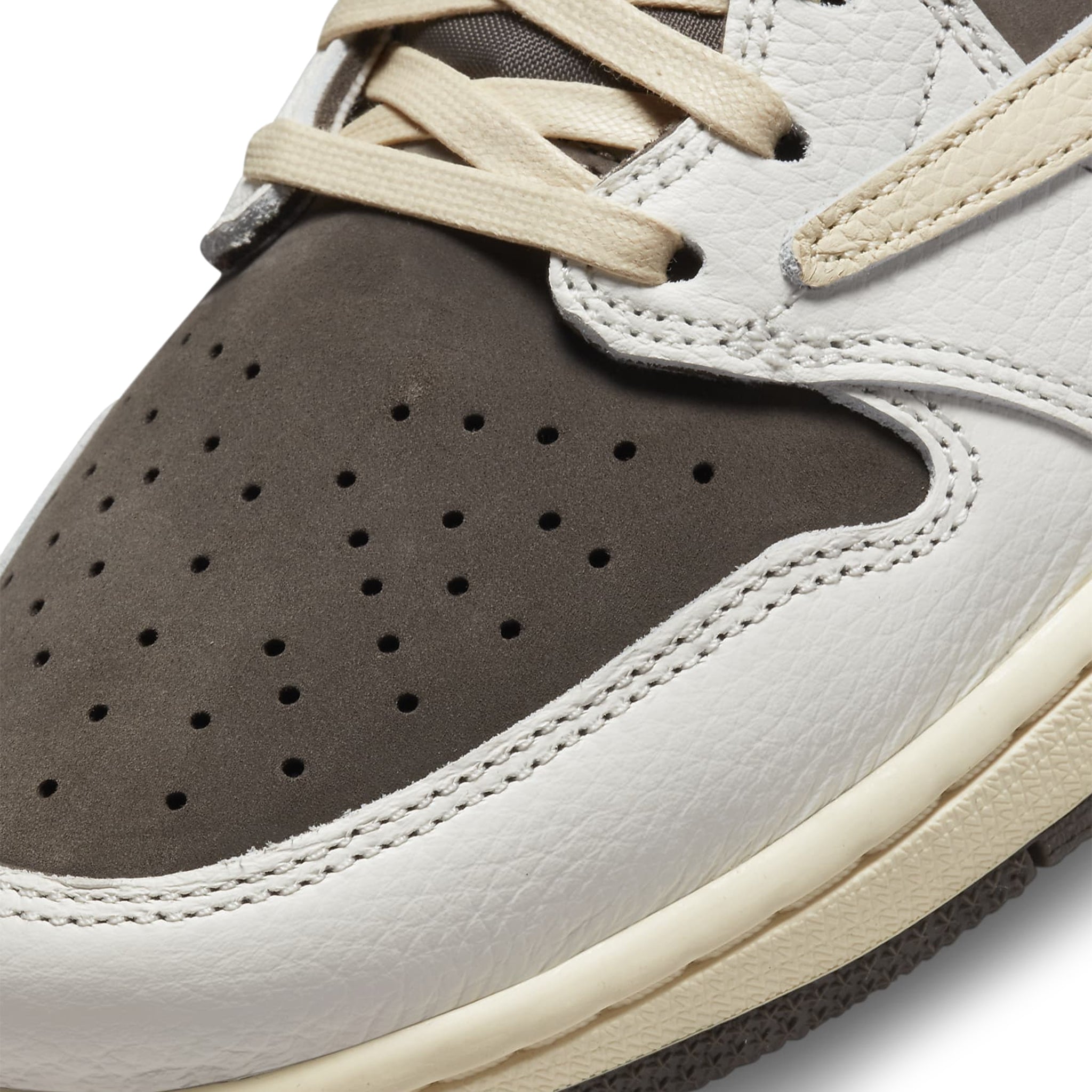 Toe box view of Travis Scott x Air Jordan 1 Low OG SP Reverse Mocha DM7866-162