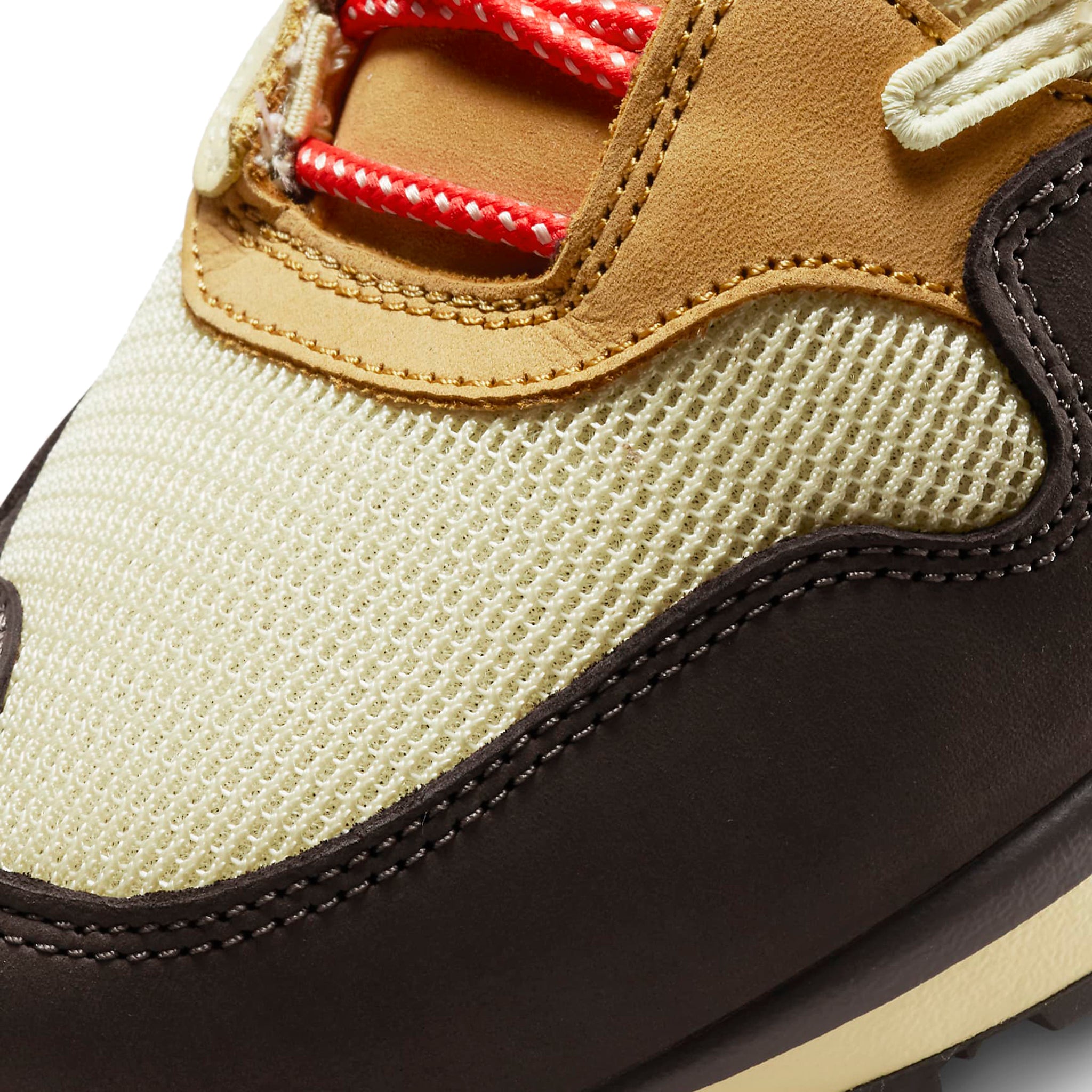Toe box view of Travis Scott x Nike Air Max 1 Baroque Brown DO9392-200