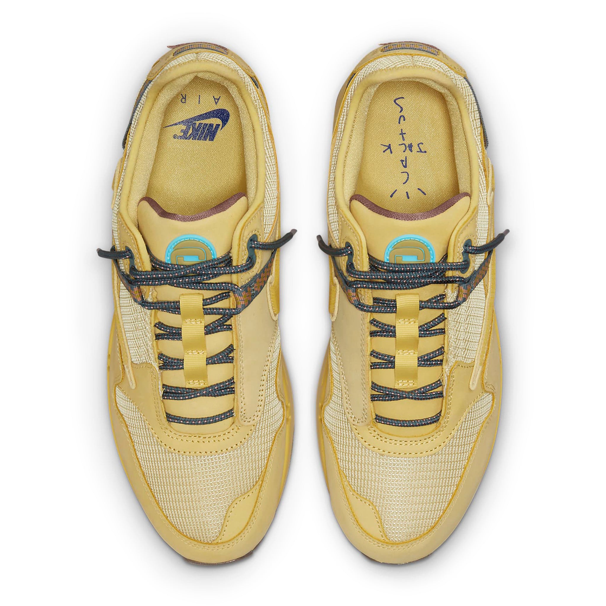 Top down view of Travis Scott x Nike Air Max 1 Saturn Gold DO9392-700