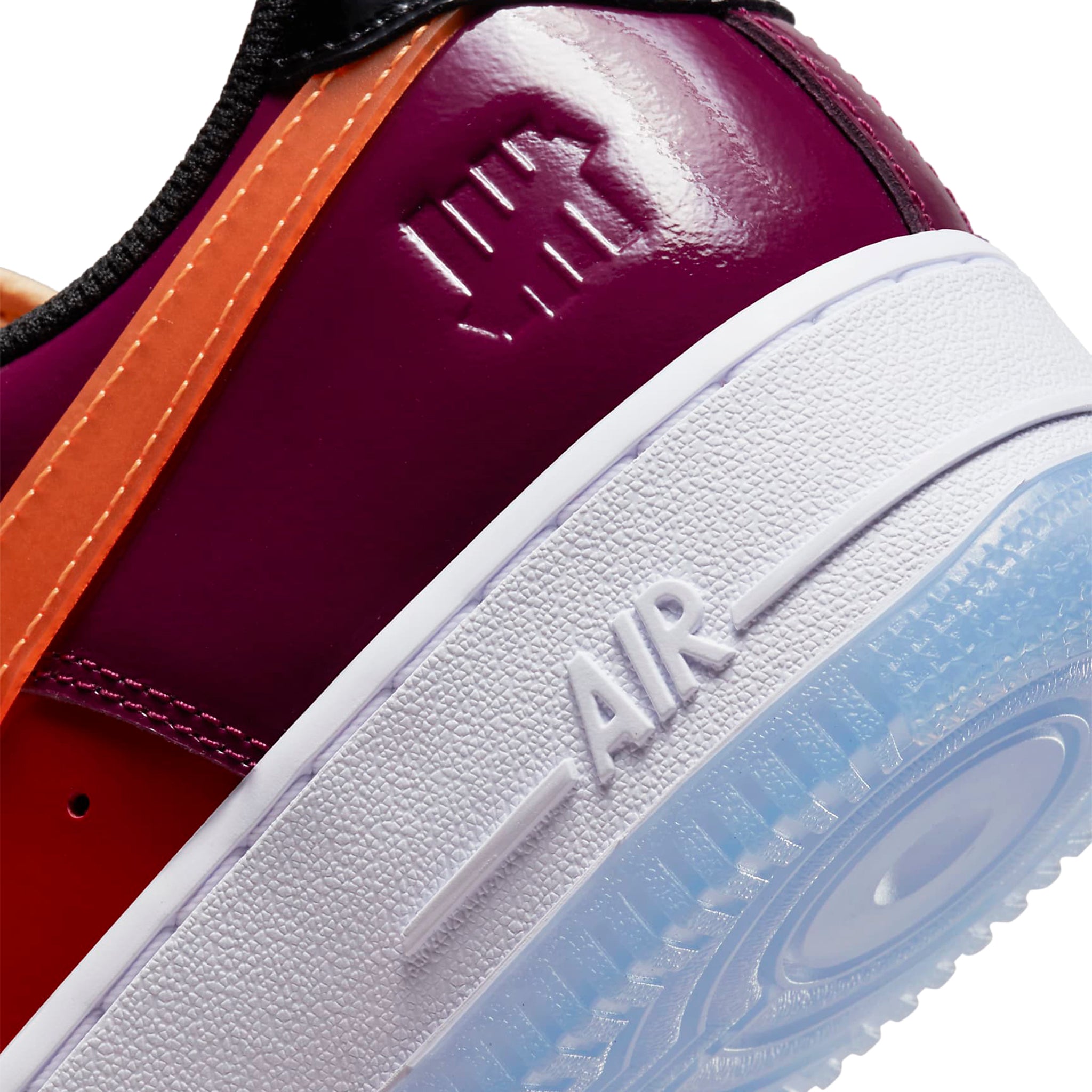 Heel view of Undefeated x Nike Air Force 1 Low Multi-Patent DV5255-400