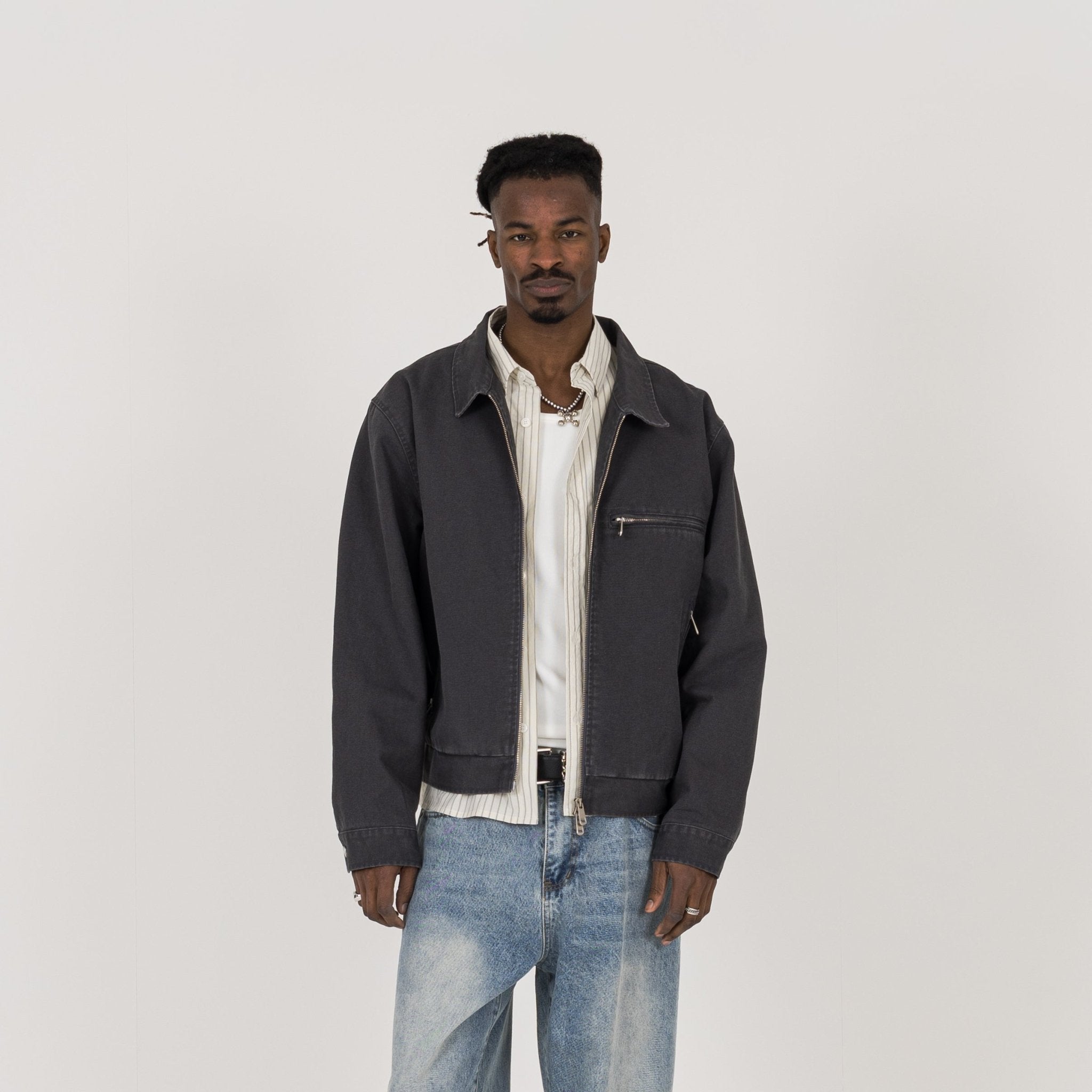 Model view of Destructive Utility Trucker Vintage Grey Jacket