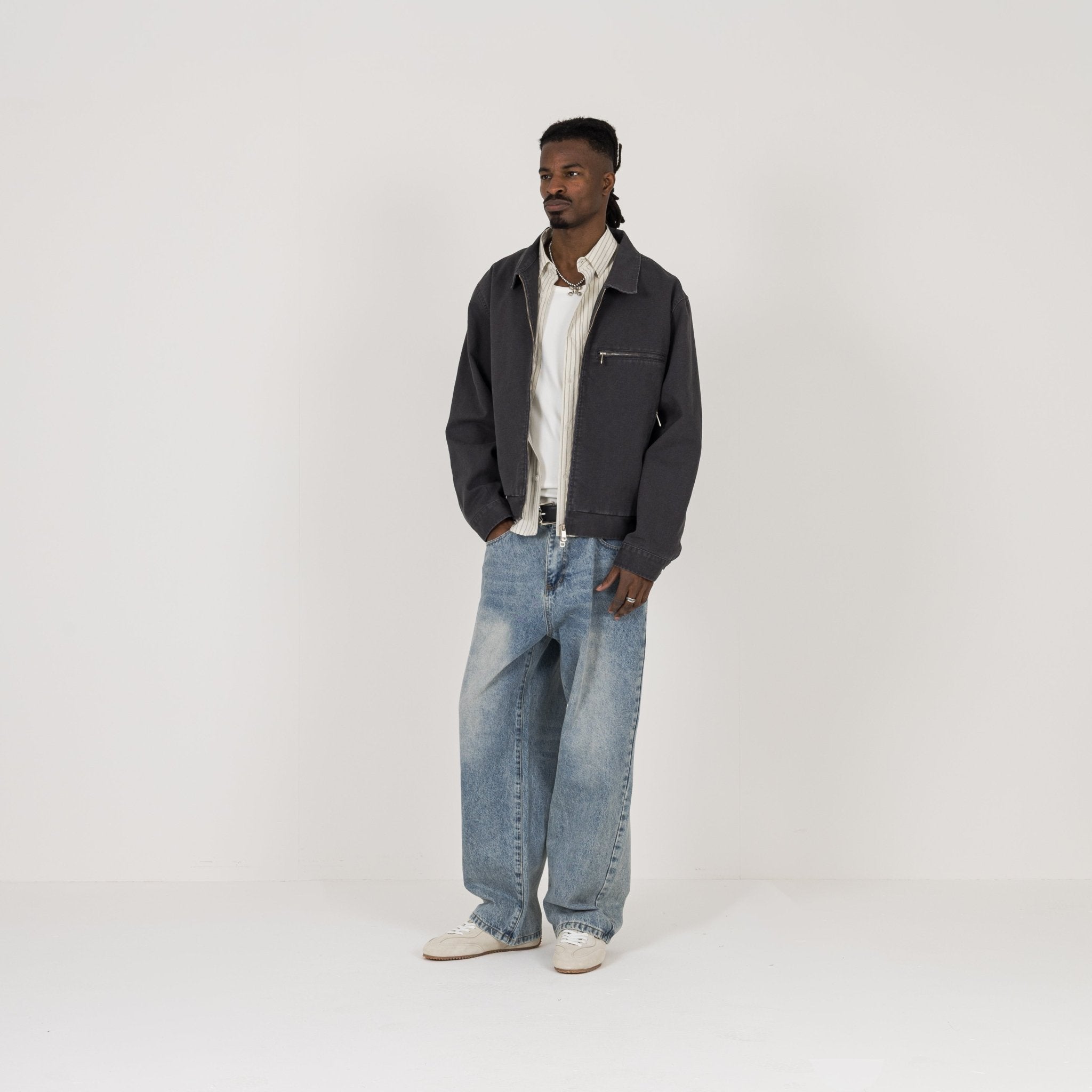 Model view of Destructive Utility Trucker Vintage Grey Jacket