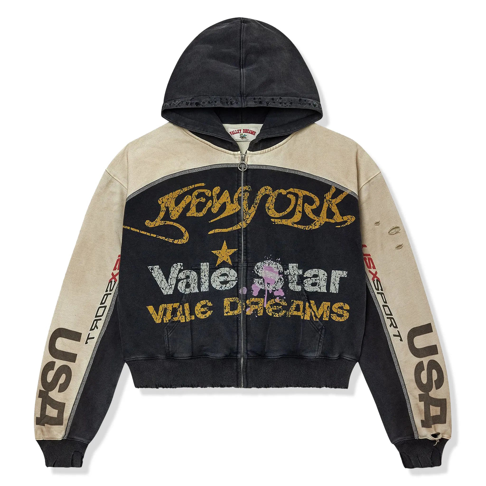 Front View of Vale Forever Vale Star Dest Black Tan Zip-Up Hoodie 11451 10004VFVSZU-DEST