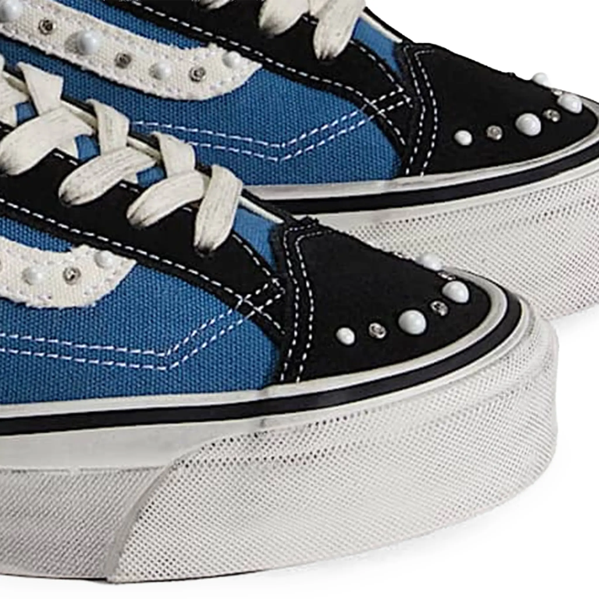 Detailed Front View of Vans Pearlised Navy Black Old Skool 36LX VN000E8VYA61