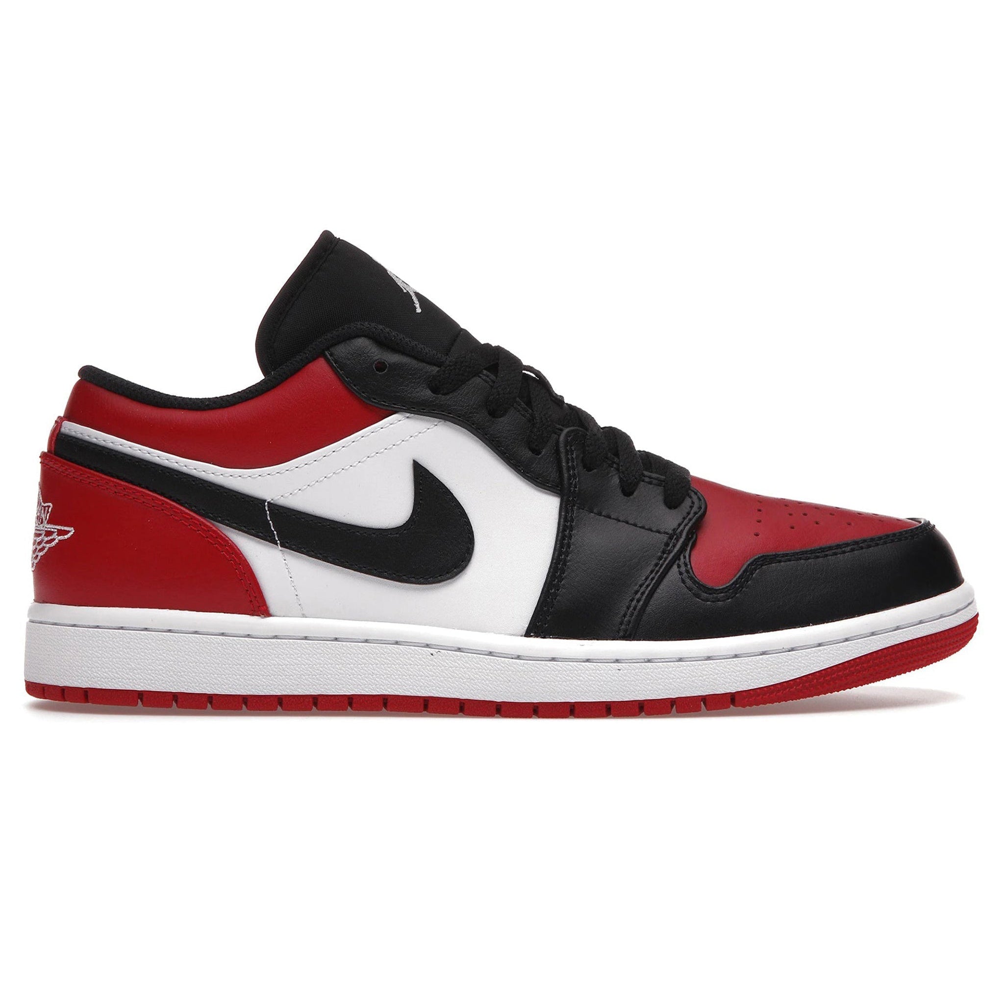 Side view of Air Jordan 1 Low Bred Toe 553558-612