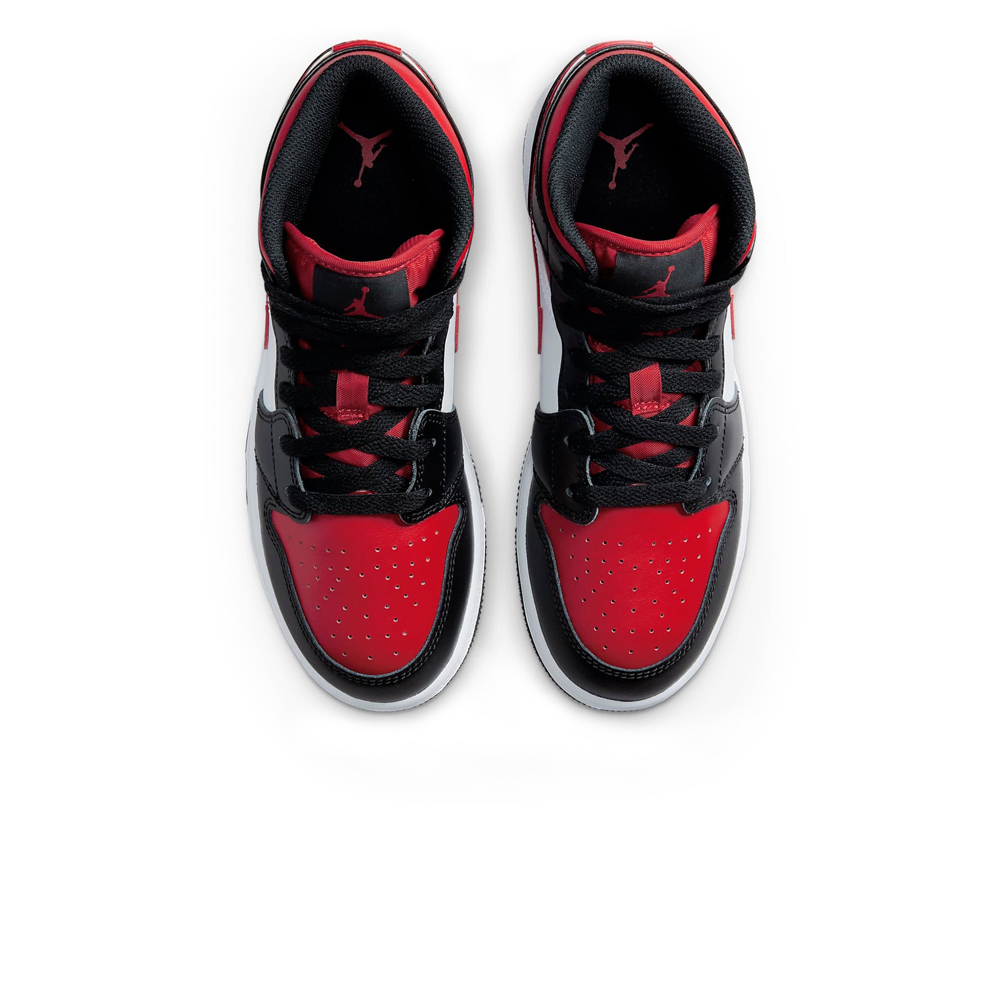 Top down view of Air Jordan 1 Mid Black Fire Red (GS) 554725-079