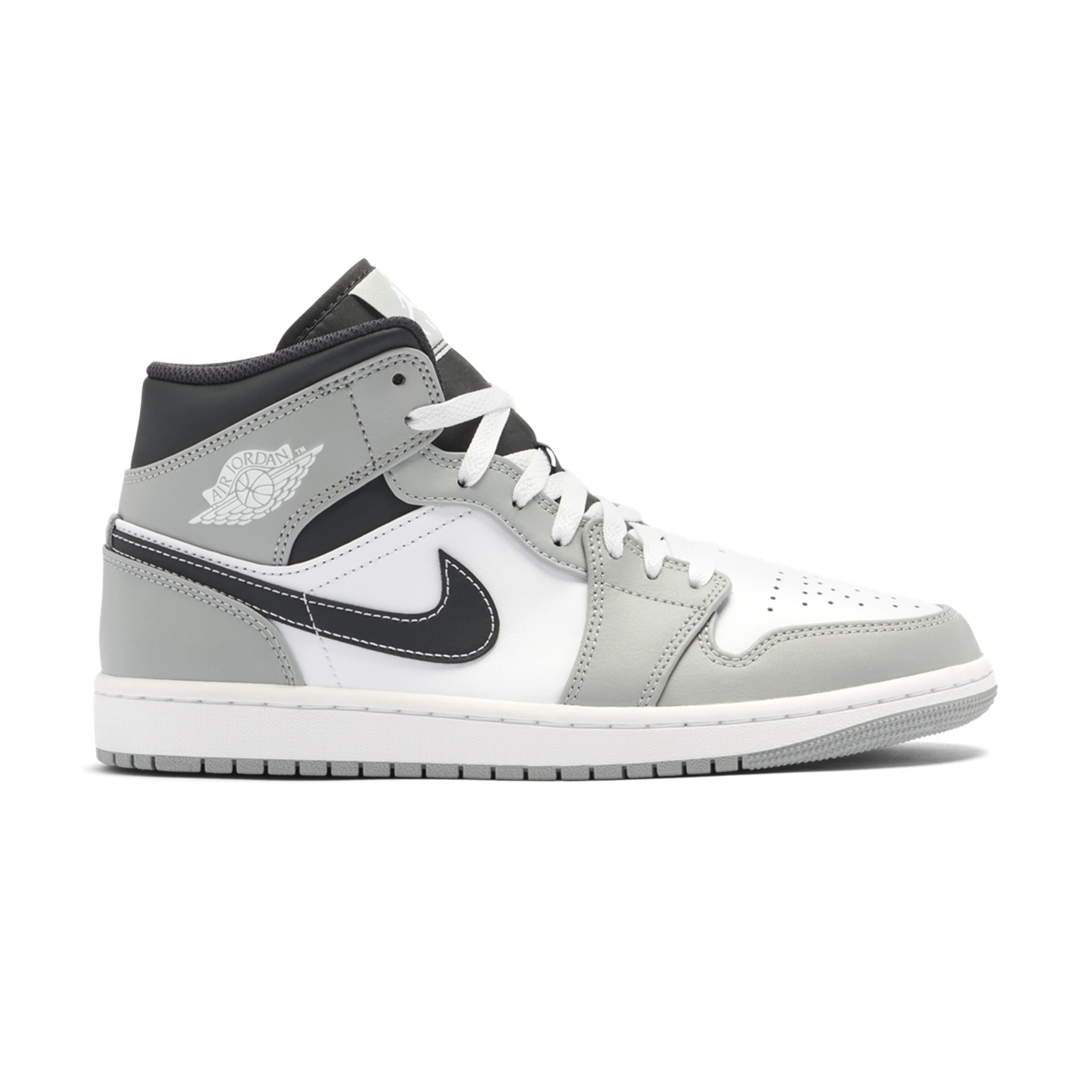 Front view of Air Wmns Air into jordan 1 Mid 'Wolf Grey Aluminum' BQ6472 105 Light Smoke Grey Anthracite (GS) 554725-078